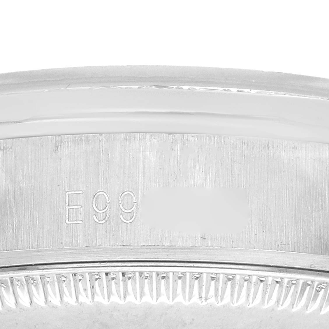 The image shows the side profile of a Rolex President 68159G Women's White Gold Silver Dial 68159G Women's White Gold Silver Dial watch, highlighting the engraved serial number on the case.