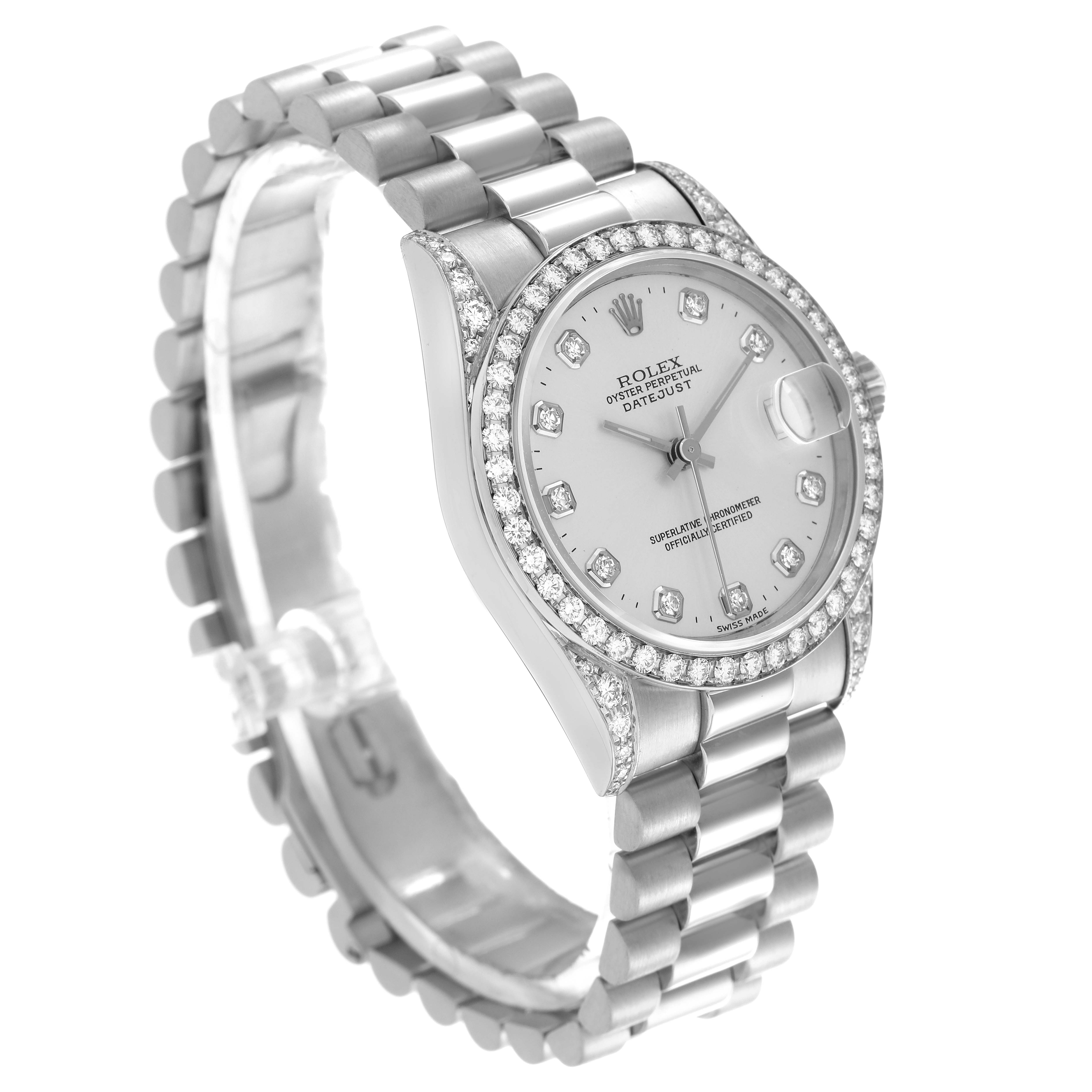The image shows a Rolex President 68159G Women's White Gold Silver Dial 68159G Women's White Gold Silver Dial model watch from a side angle, highlighting its bracelet, diamond bezel, and dial.