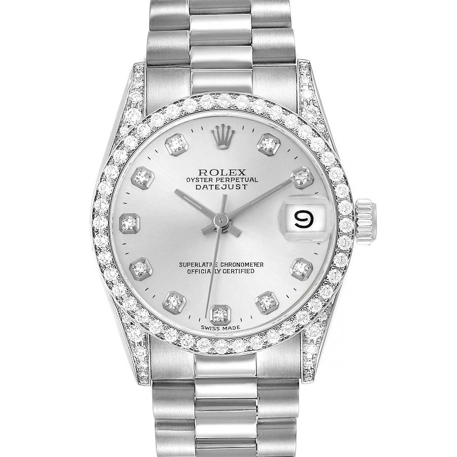 The Rolex President model is shown from a top view, highlighting its dial, bezel, and bracelet.