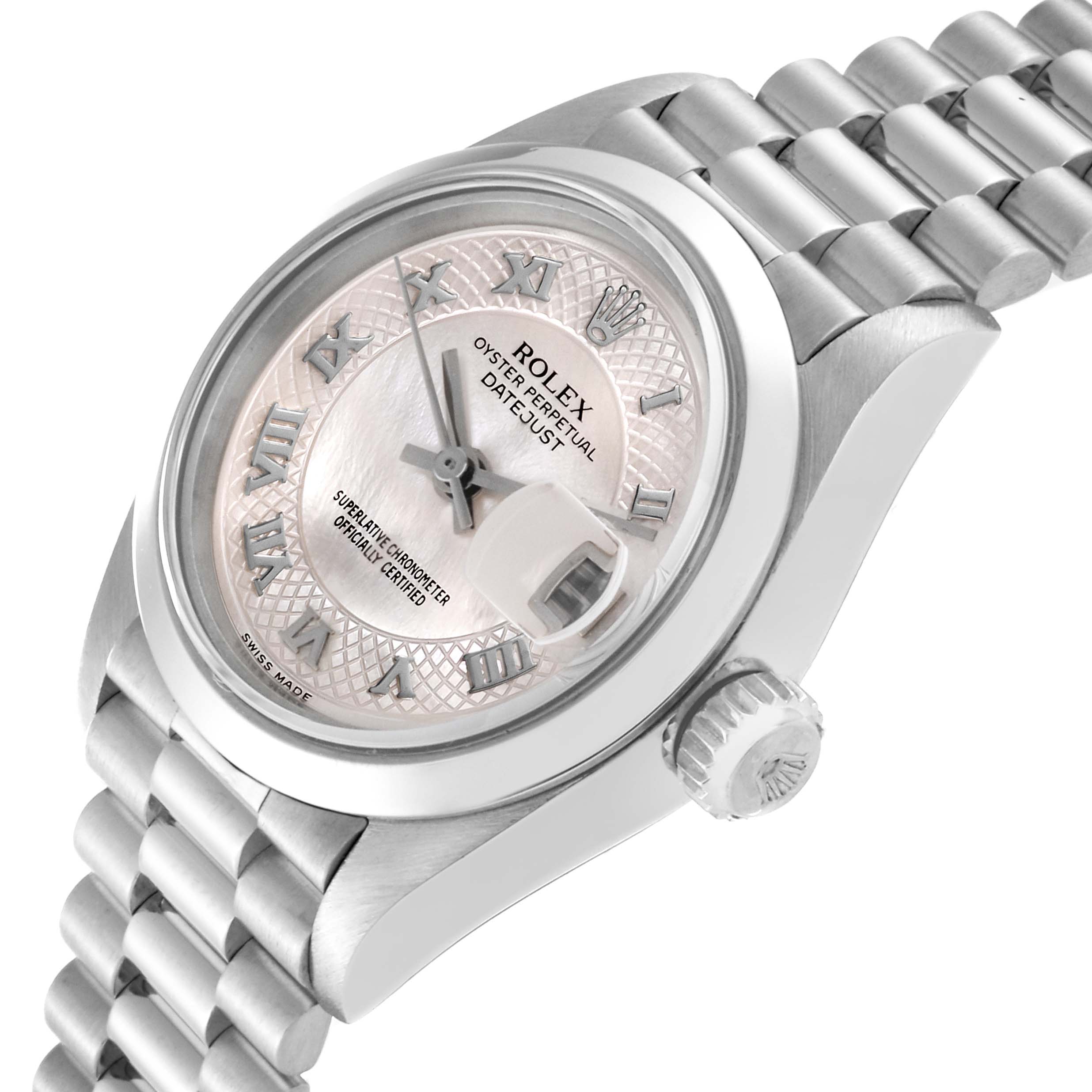 The image shows a close-up of a Rolex Datejust 69166 Women's Platinum Mother of Pearl Dial 69166 Women's Platinum Mother of Pearl Dial watch at a slight angle, focusing on the face, crown, and bracelet.