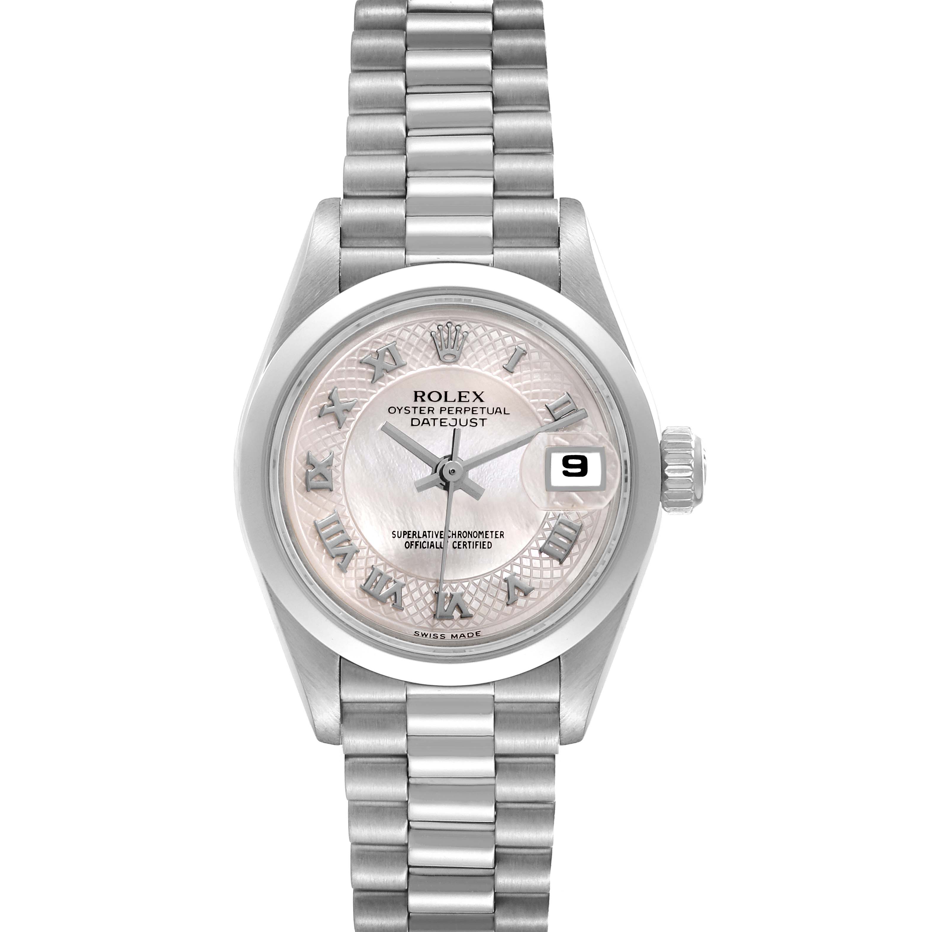 The image shows a Rolex Datejust 69166 Women's Platinum Mother of Pearl Dial 69166 Women's Platinum Mother of Pearl Dial watch from a front angle, highlighting its silver dial, date window, and metal bracelet.