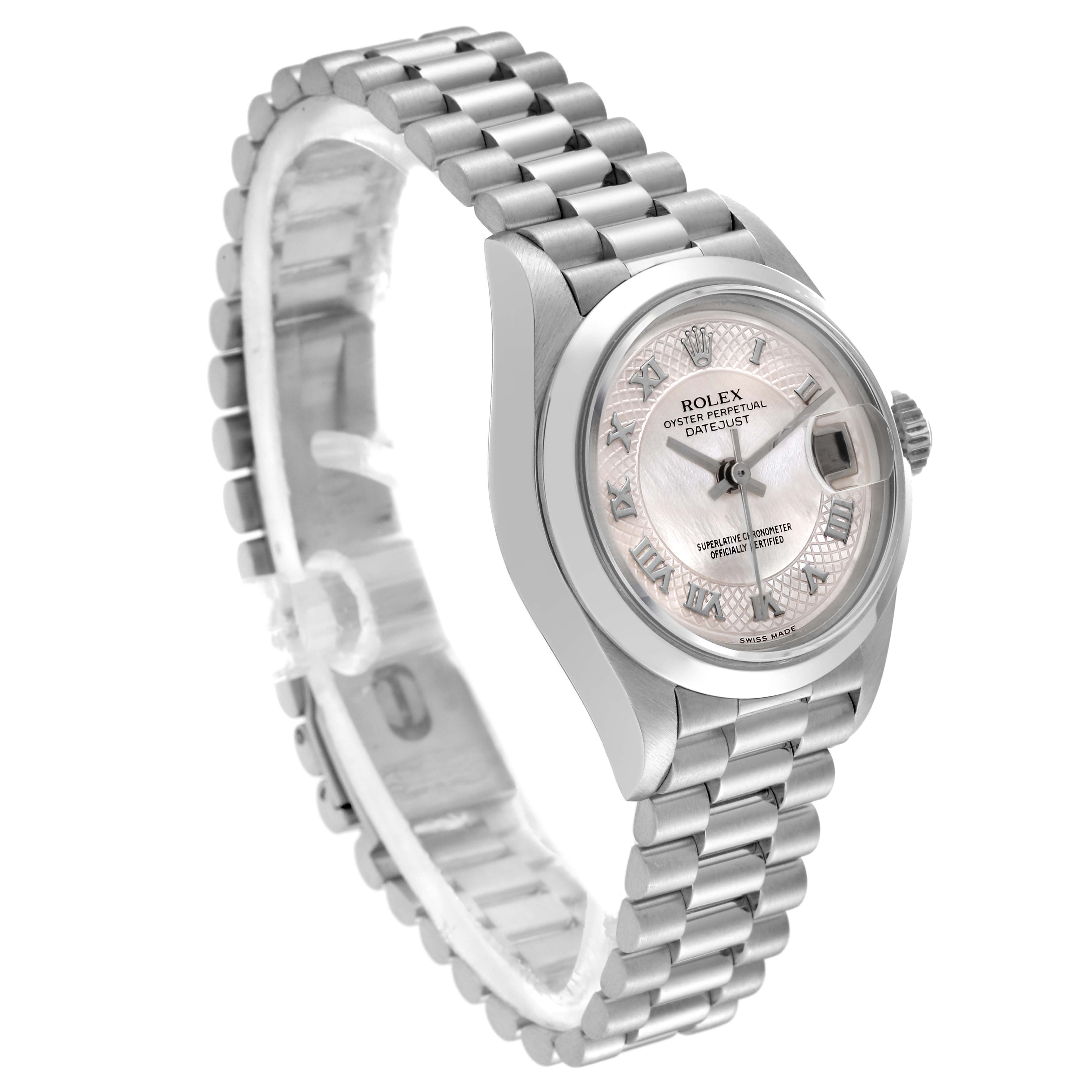 The Rolex Datejust 69166 Women's Platinum Mother of Pearl Dial 69166 Women's Platinum Mother of Pearl Dial watch is shown at a three-quarter angle, displaying the dial, bezel, and bracelet.