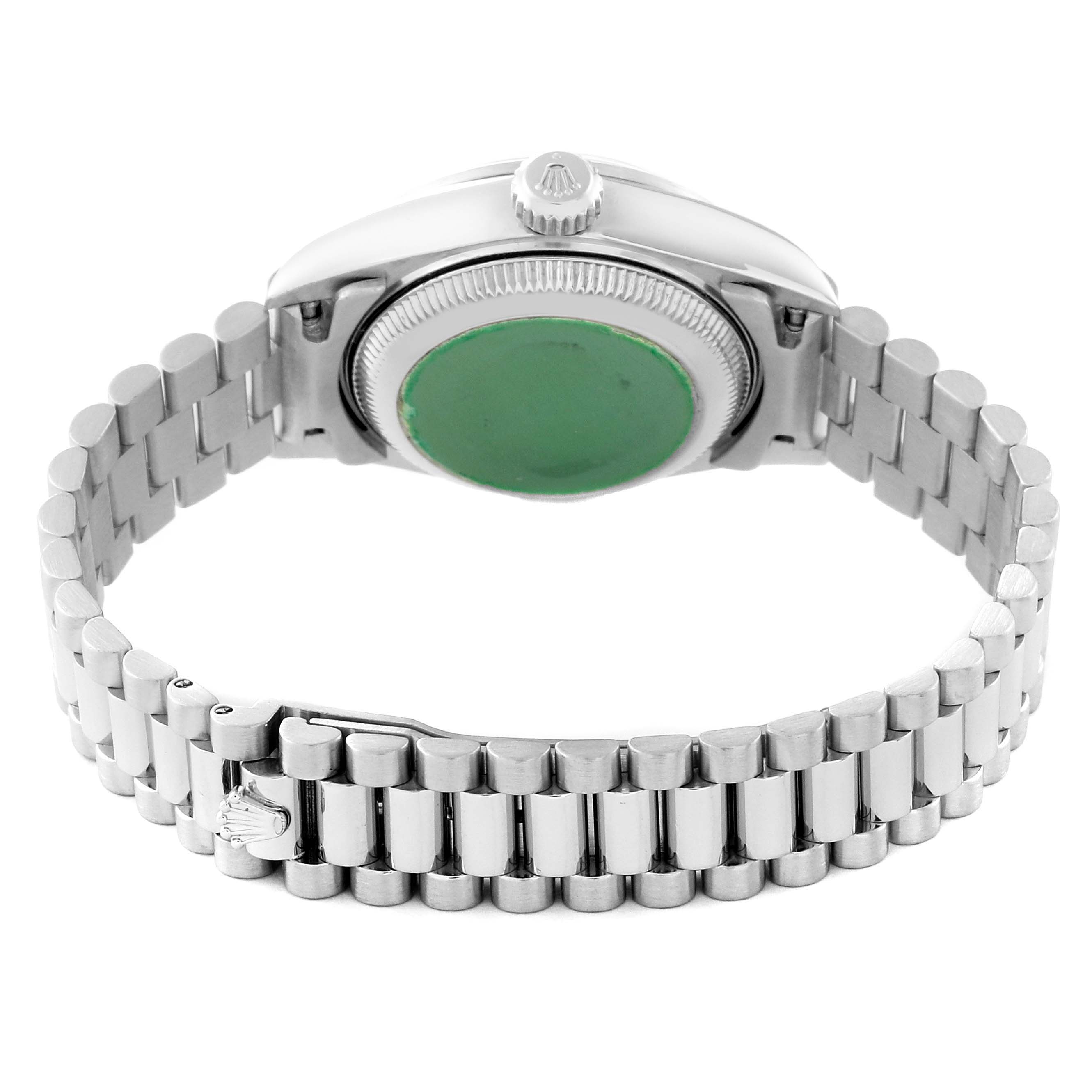 This image shows the back case and bracelet of a Rolex Datejust 69166 Women's Platinum Mother of Pearl Dial 69166 Women's Platinum Mother of Pearl Dial watch, viewed from the rear angle.