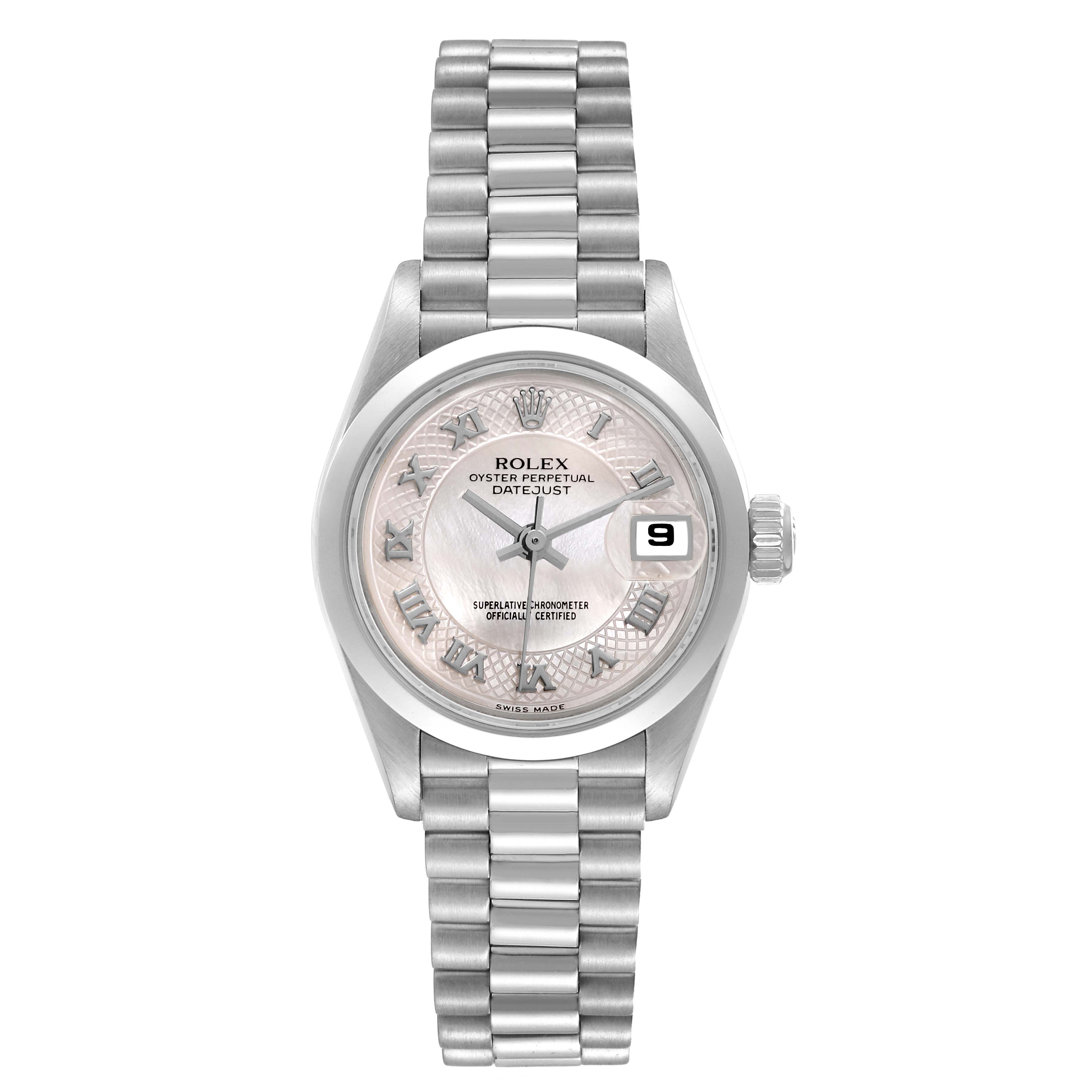 The image shows a front view of a Rolex Datejust 69166 Women's Platinum Mother of Pearl Dial 69166 Women's Platinum Mother of Pearl Dial watch, highlighting its face, date window, and bracelet.