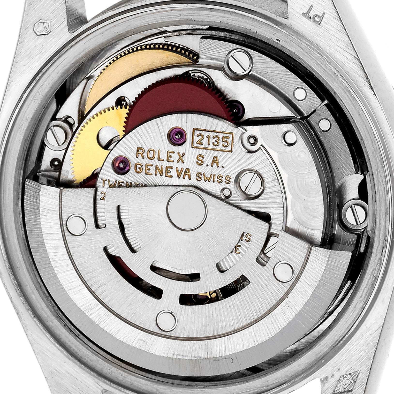 This image shows a close-up view of the movement mechanism inside a Rolex Datejust 69166 Women's Platinum Mother of Pearl Dial 69166 Women's Platinum Mother of Pearl Dial watch.