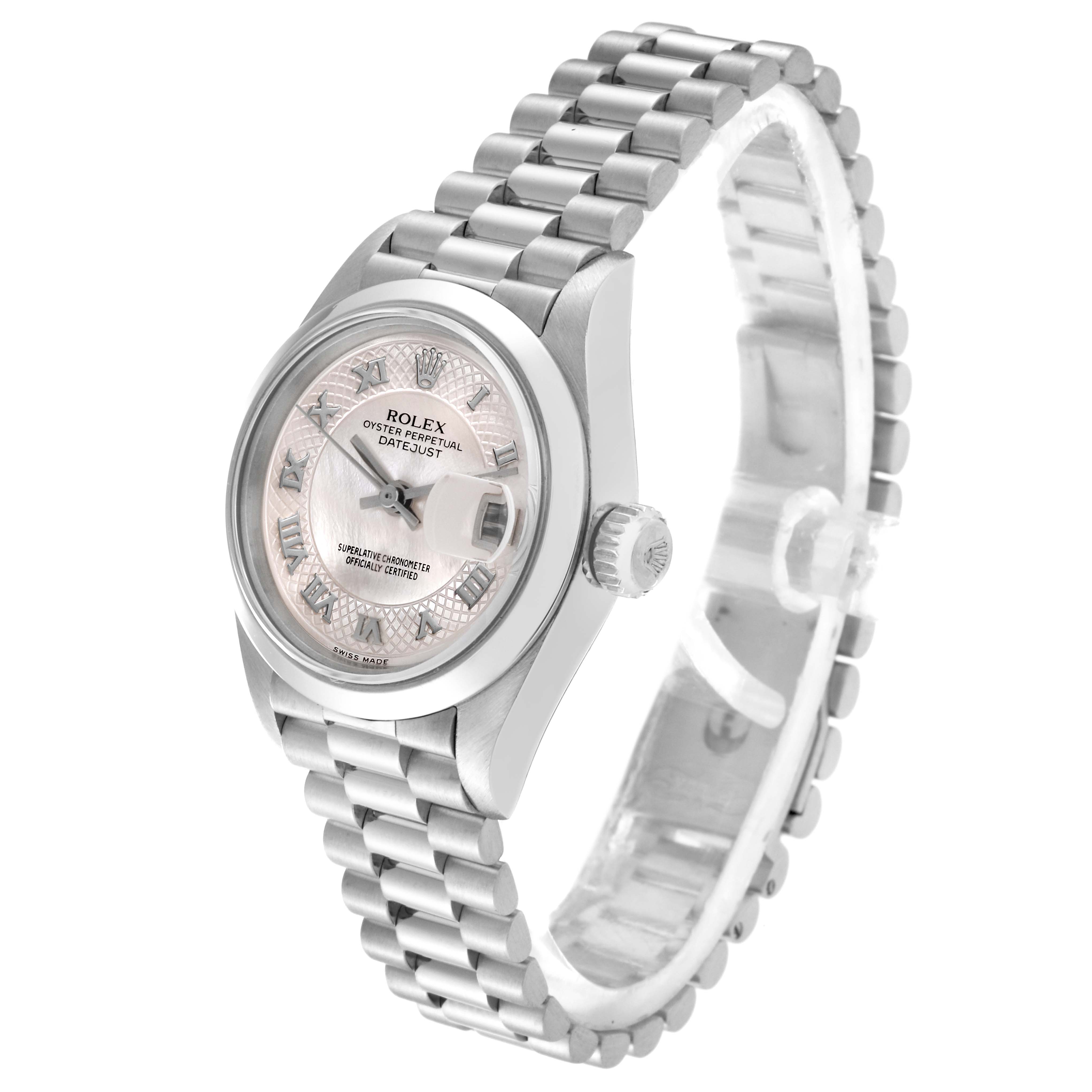The image shows a Rolex Datejust 69166 Women's Platinum Mother of Pearl Dial 69166 Women's Platinum Mother of Pearl Dial watch from an angled side view, displaying part of the bracelet and the watch face.