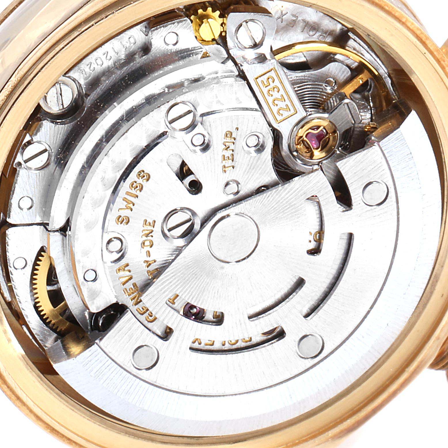The image shows a close-up view of the movement and internal mechanism of a Rolex President 79178 Women
s Yellow Gold Champagne Dial 79178 Women
s Yellow Gold Champagne Dial model watch.