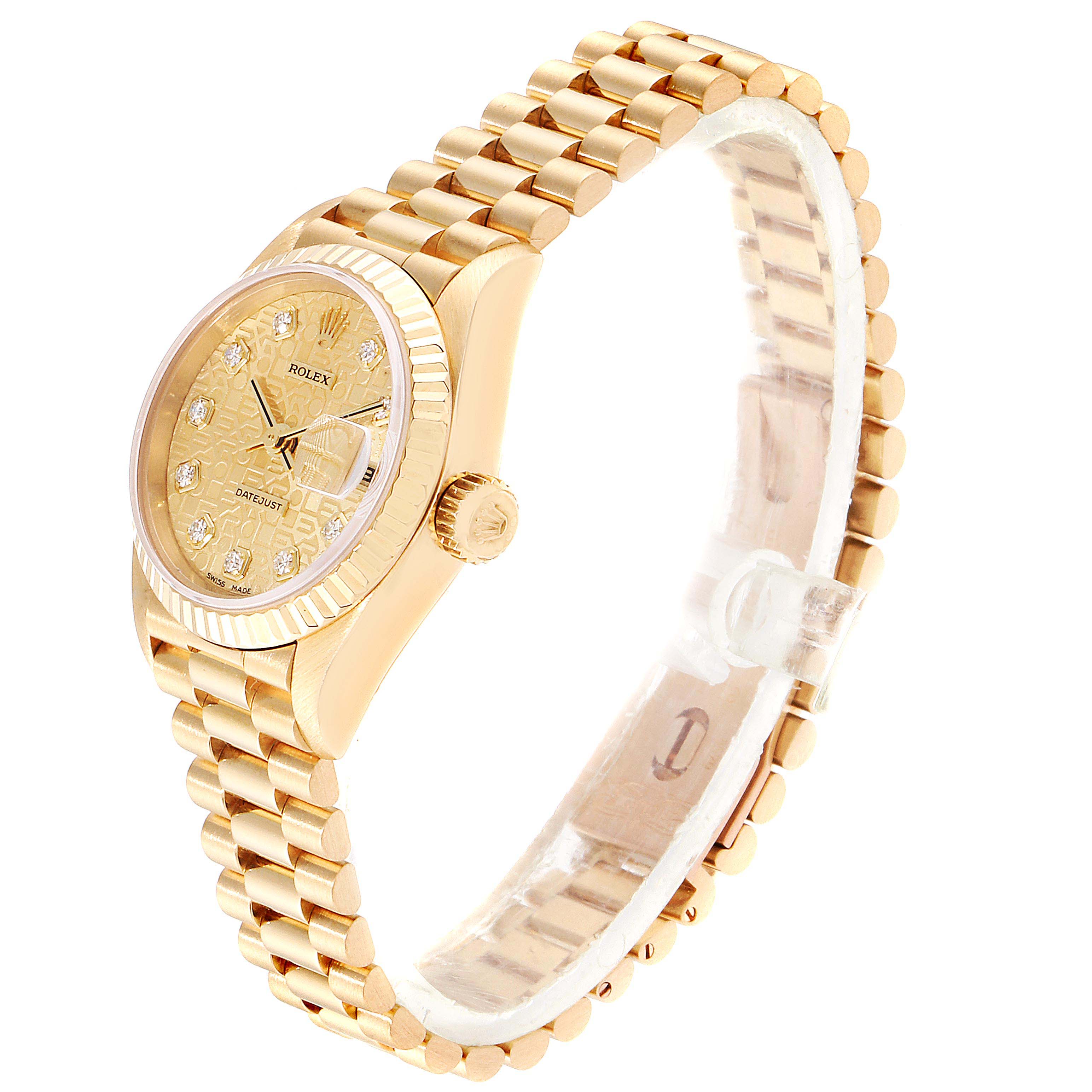 This Rolex President 79178 Women
s Yellow Gold Champagne Dial 79178 Women
s Yellow Gold Champagne Dial model watch is shown from a side angle, highlighting the dial, bracelet, and crown.