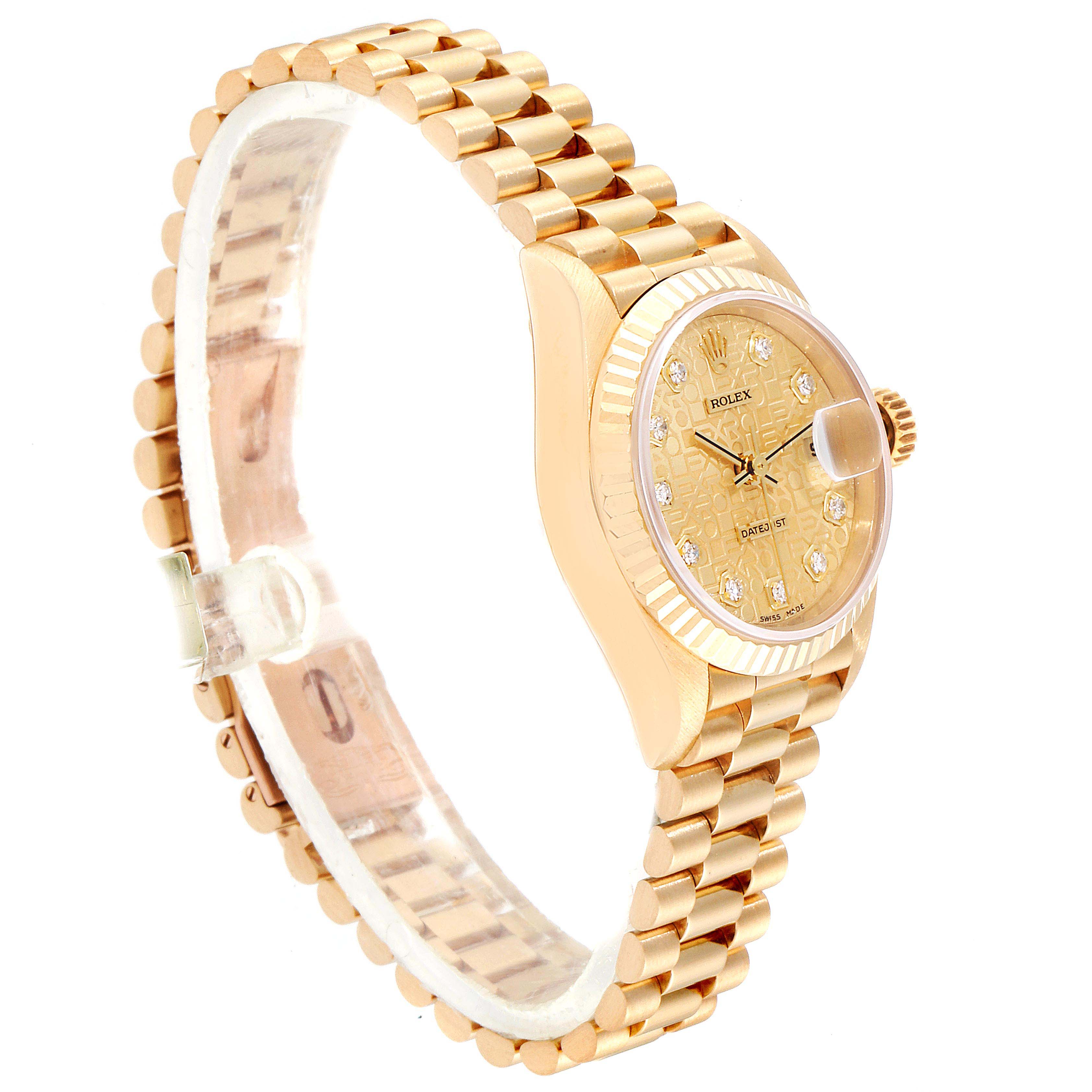 The image shows a side view of a Rolex President 79178 Women
s Yellow Gold Champagne Dial 79178 Women
s Yellow Gold Champagne Dial model watch, displaying the dial, bezel, crown, and bracelet.