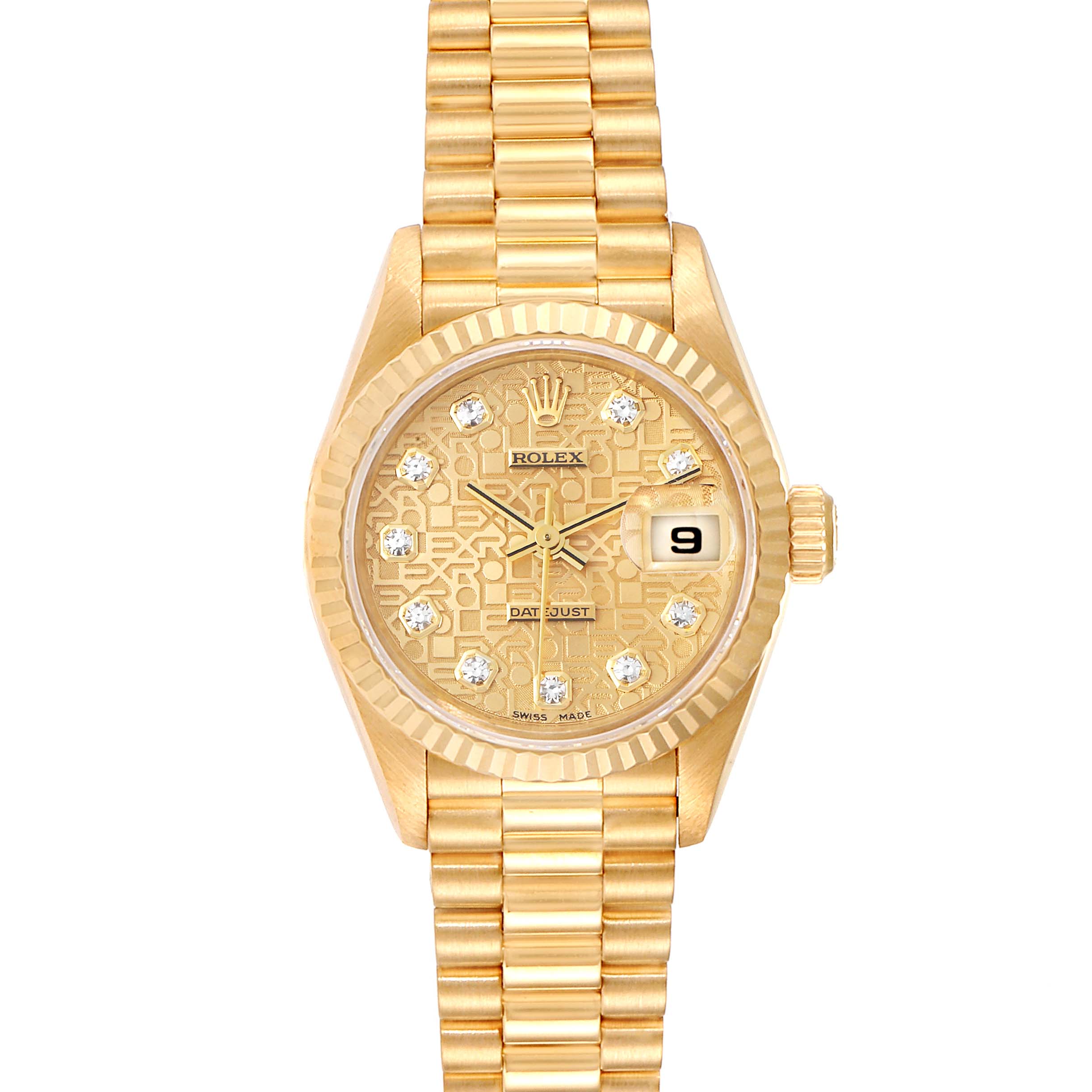 The image shows a front view of a Rolex President 79178 Women
s Yellow Gold Champagne Dial 79178 Women
s Yellow Gold Champagne Dial model watch with a gold bracelet and diamond hour markers.