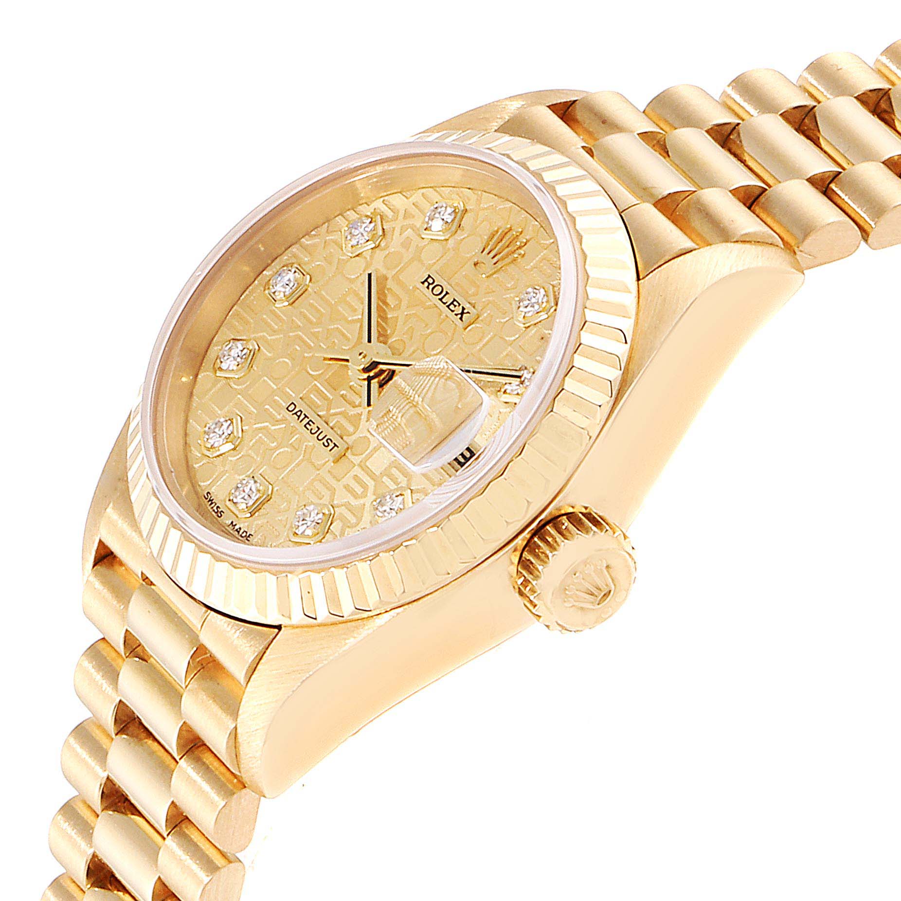 The image shows a side angle of the Rolex President 79178 Women
s Yellow Gold Champagne Dial 79178 Women
s Yellow Gold Champagne Dial model, displaying the dial, crown, and part of the bracelet.