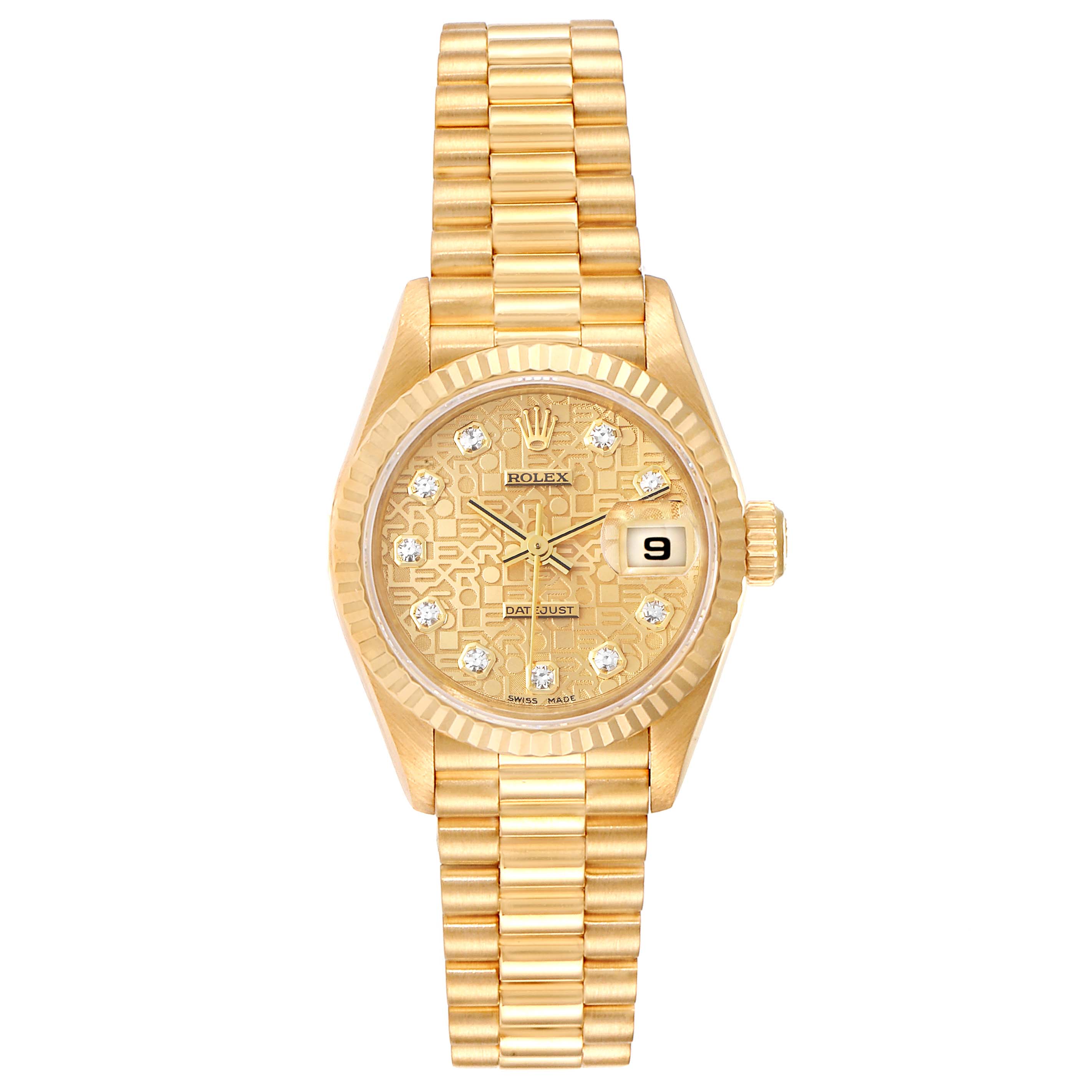 This image shows a front view of the Rolex President 79178 Women
s Yellow Gold Champagne Dial 79178 Women
s Yellow Gold Champagne Dial model watch, displaying its bracelet, dial, and date window.