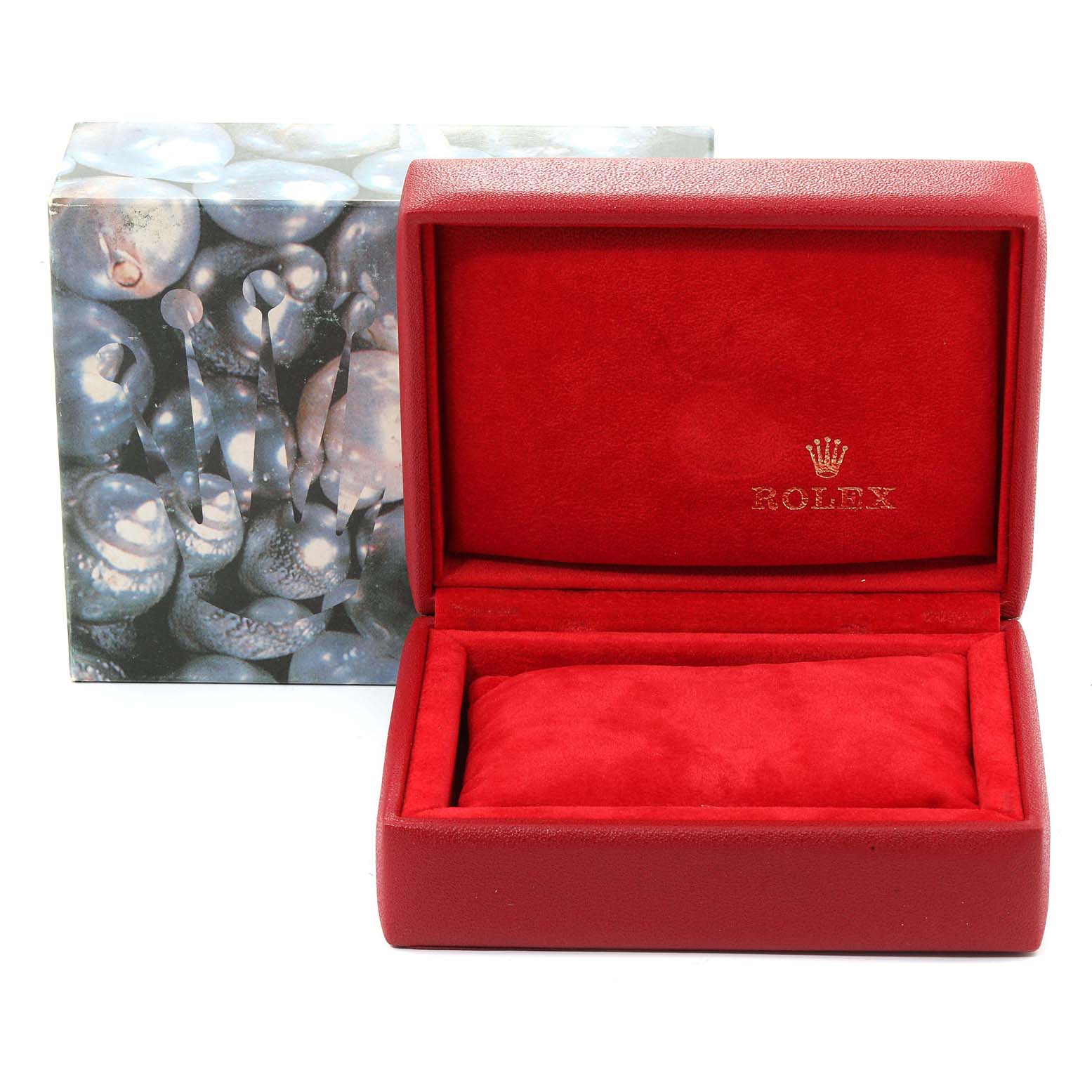This image shows an open Rolex watch box with a red interior, intended for a President model watch.