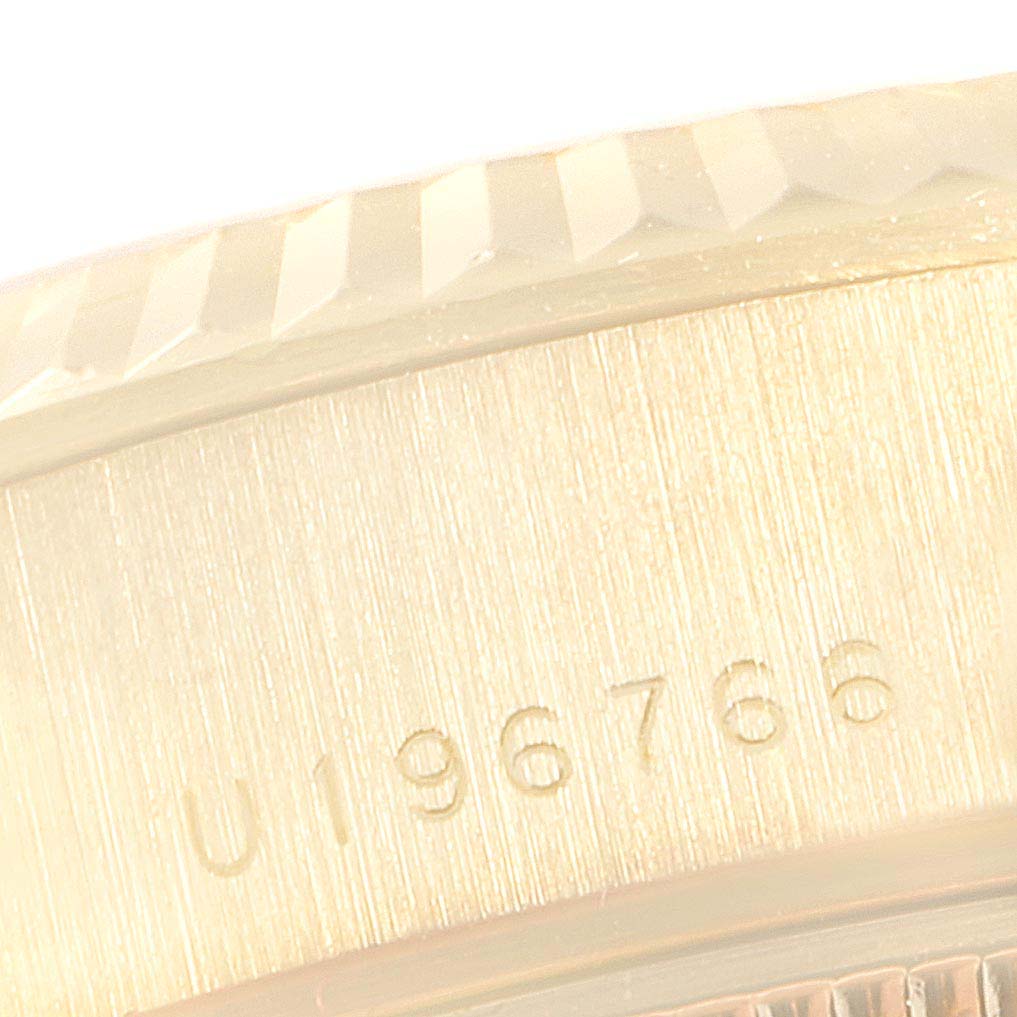 The image shows a close-up of the side case band with markings of a Rolex President 79178 Women
s Yellow Gold Champagne Dial 79178 Women
s Yellow Gold Champagne Dial model watch.