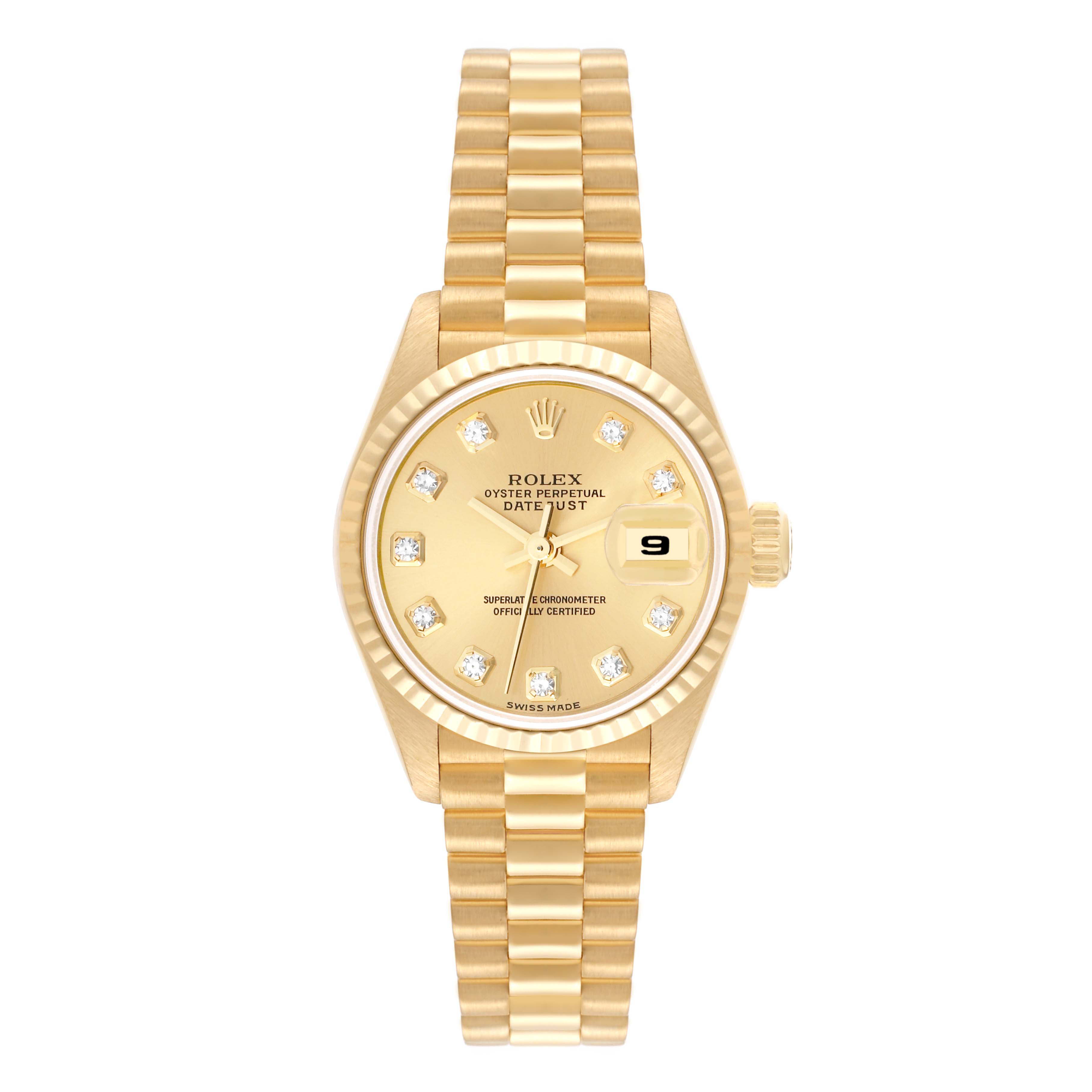 The image shows a front view of the Rolex President 79178 Women
s Yellow Gold Champagne Dial 79178 Women
s Yellow Gold Champagne Dial model watch with a gold band and diamond markers.