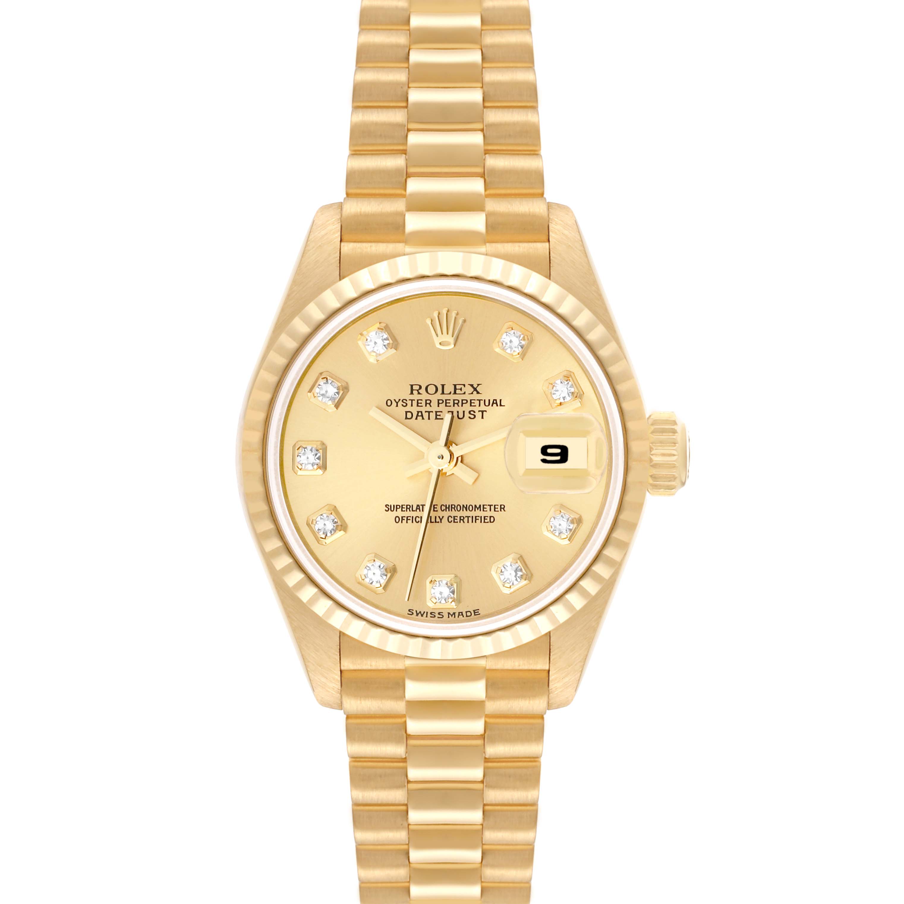 The image shows a front view of the Rolex President 79178 Women
s Yellow Gold Champagne Dial 79178 Women
s Yellow Gold Champagne Dial model watch, highlighting the gold dial, diamond hour markers, and the date window at 3 o
clock.