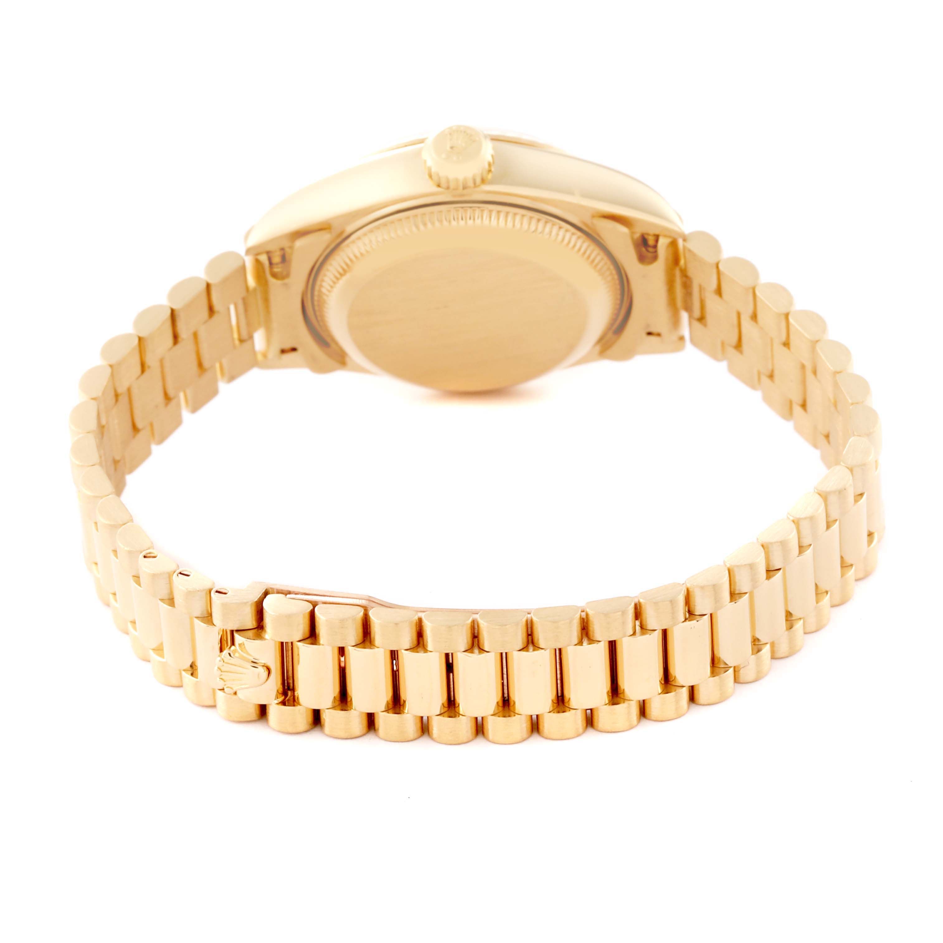 This image shows the back view of the Rolex President 79178 Women
s Yellow Gold Champagne Dial 79178 Women
s Yellow Gold Champagne Dial model watch, highlighting the bracelet and case back.