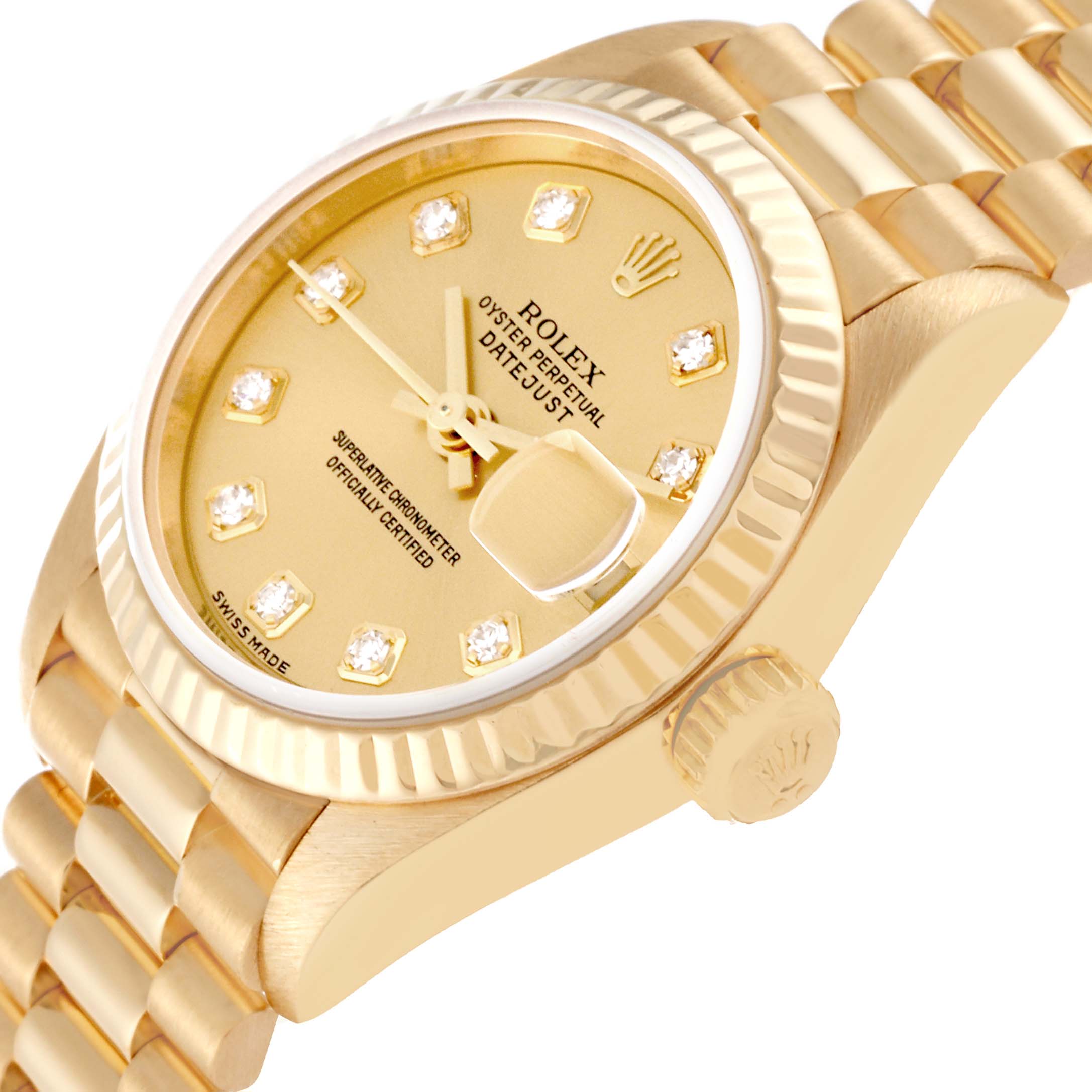 This image shows a close-up, angled view of a Rolex President 79178 Women
s Yellow Gold Champagne Dial 79178 Women
s Yellow Gold Champagne Dial model watch, highlighting the dial, bezel, crown, and part of the bracelet.