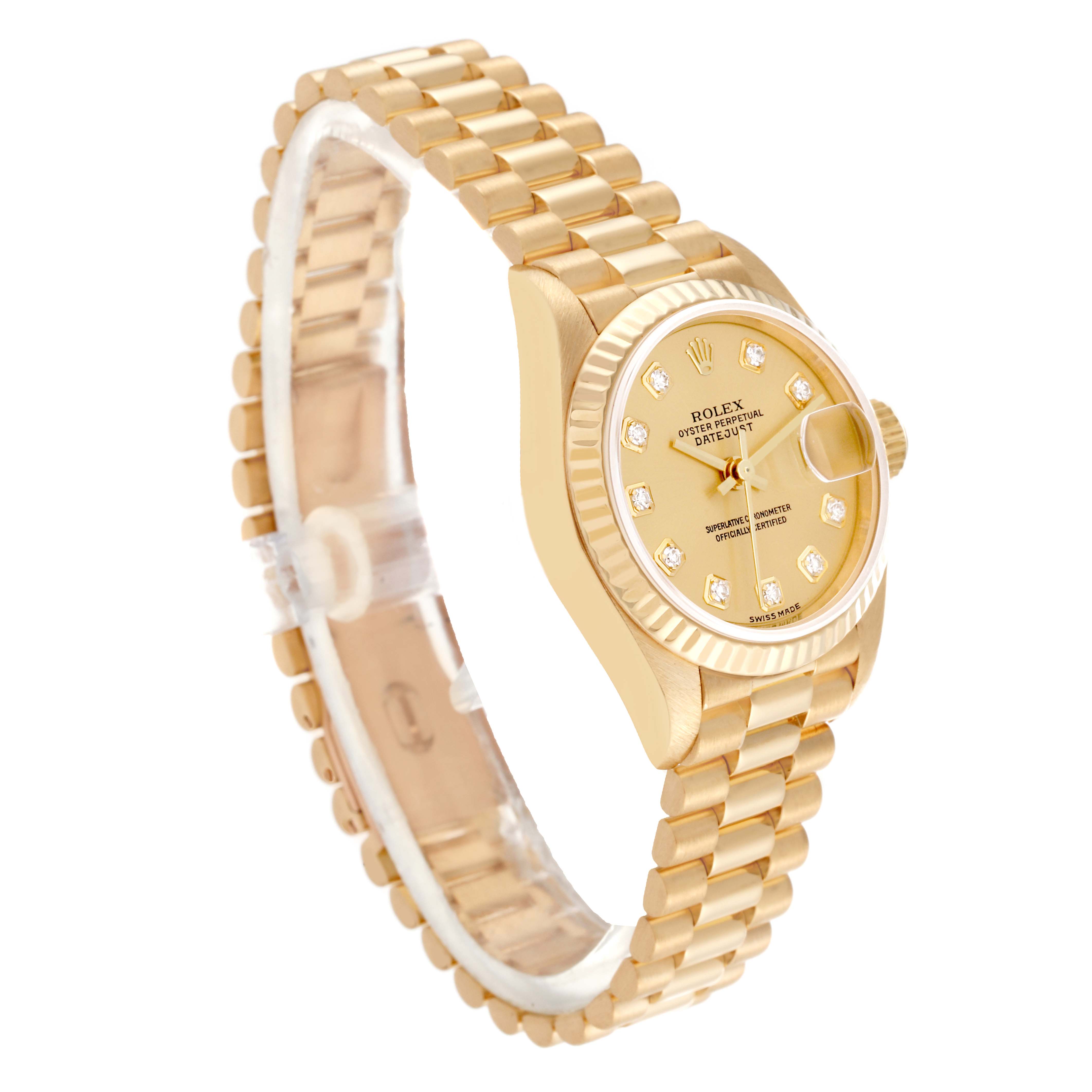 This image shows a Rolex President 79178 Women
s Yellow Gold Champagne Dial 79178 Women
s Yellow Gold Champagne Dial model watch in a three-quarter view, highlighting the gold bracelet, face, and bezel.