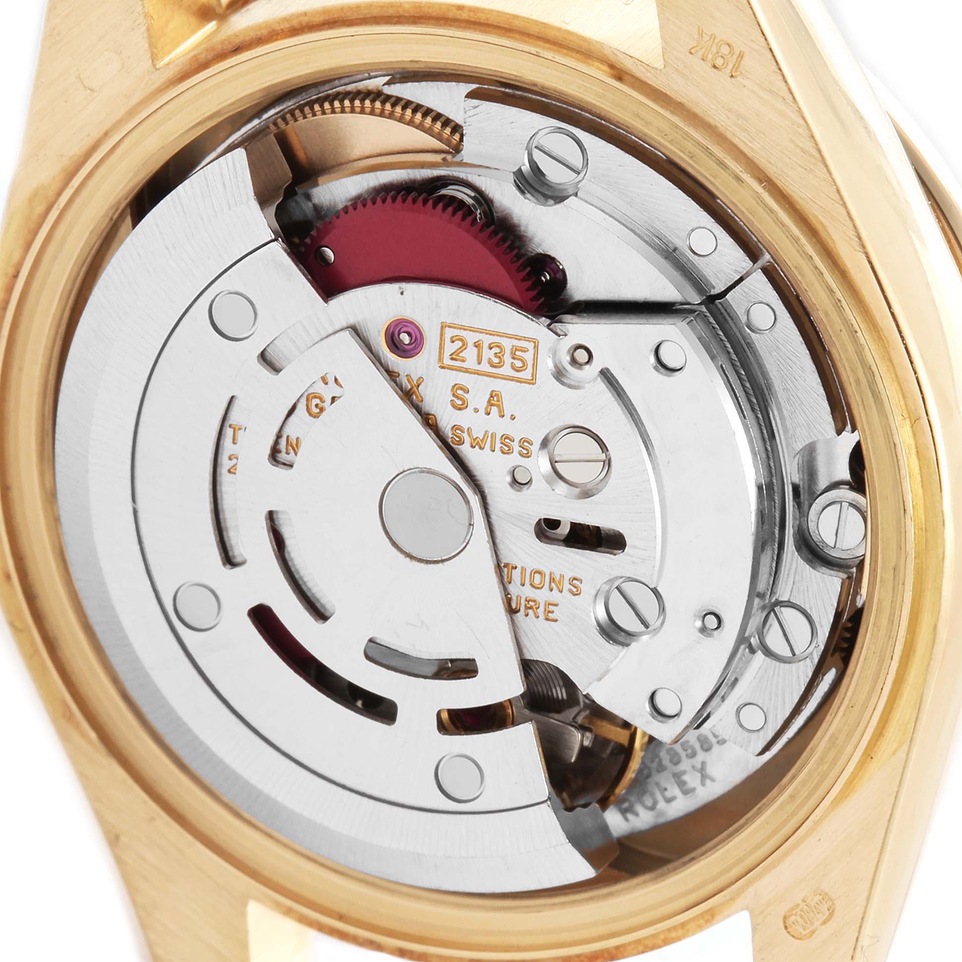 The image shows the movement of the Rolex President 69158 Women
s Yellow Gold Black Dial 69158 Women
s Yellow Gold Black Dial model watch, viewed from the caseback.