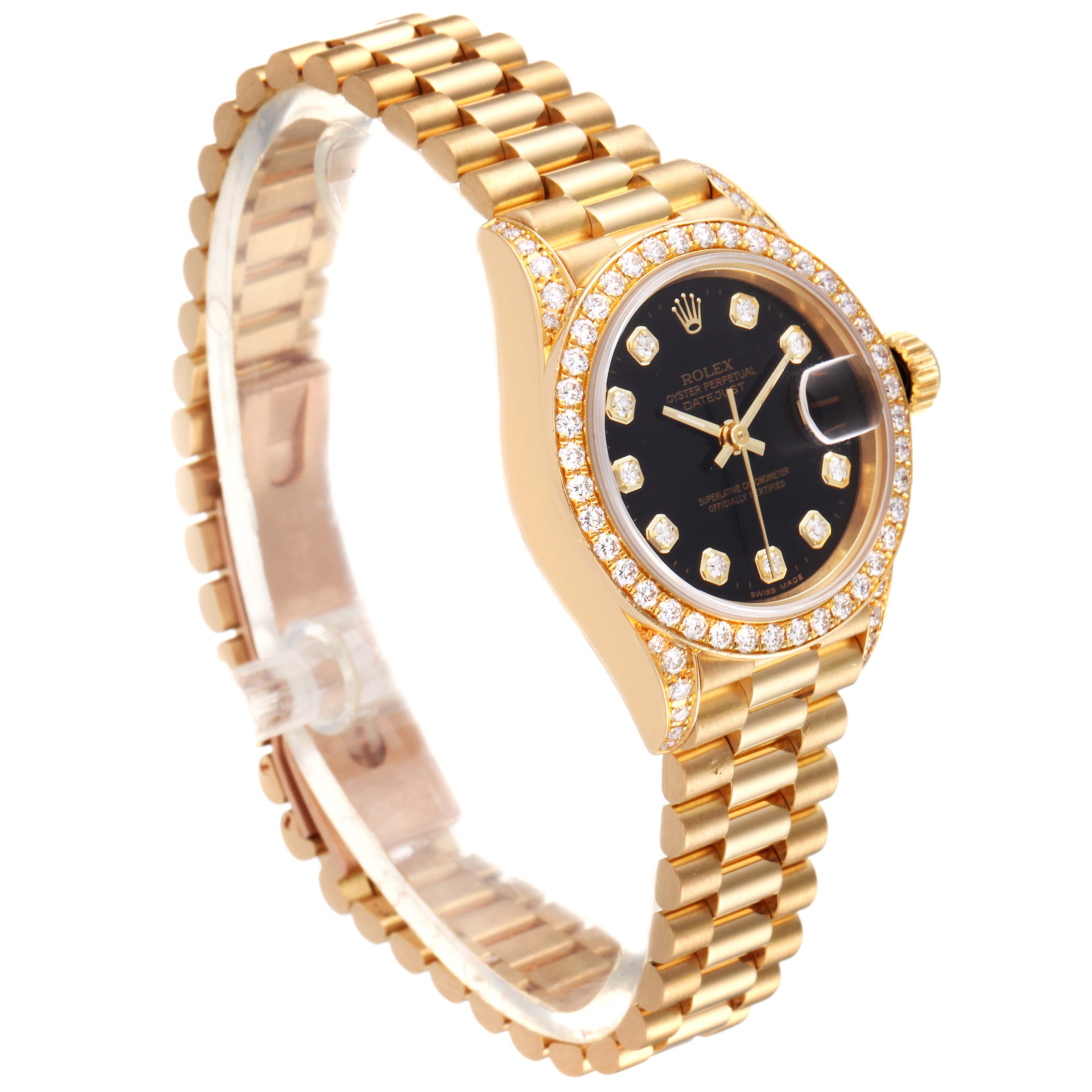 The Rolex President 69158 Women
s Yellow Gold Black Dial 69158 Women
s Yellow Gold Black Dial model watch is shown at a three-quarter angle, displaying its gold band, bezel with diamonds, and black dial.