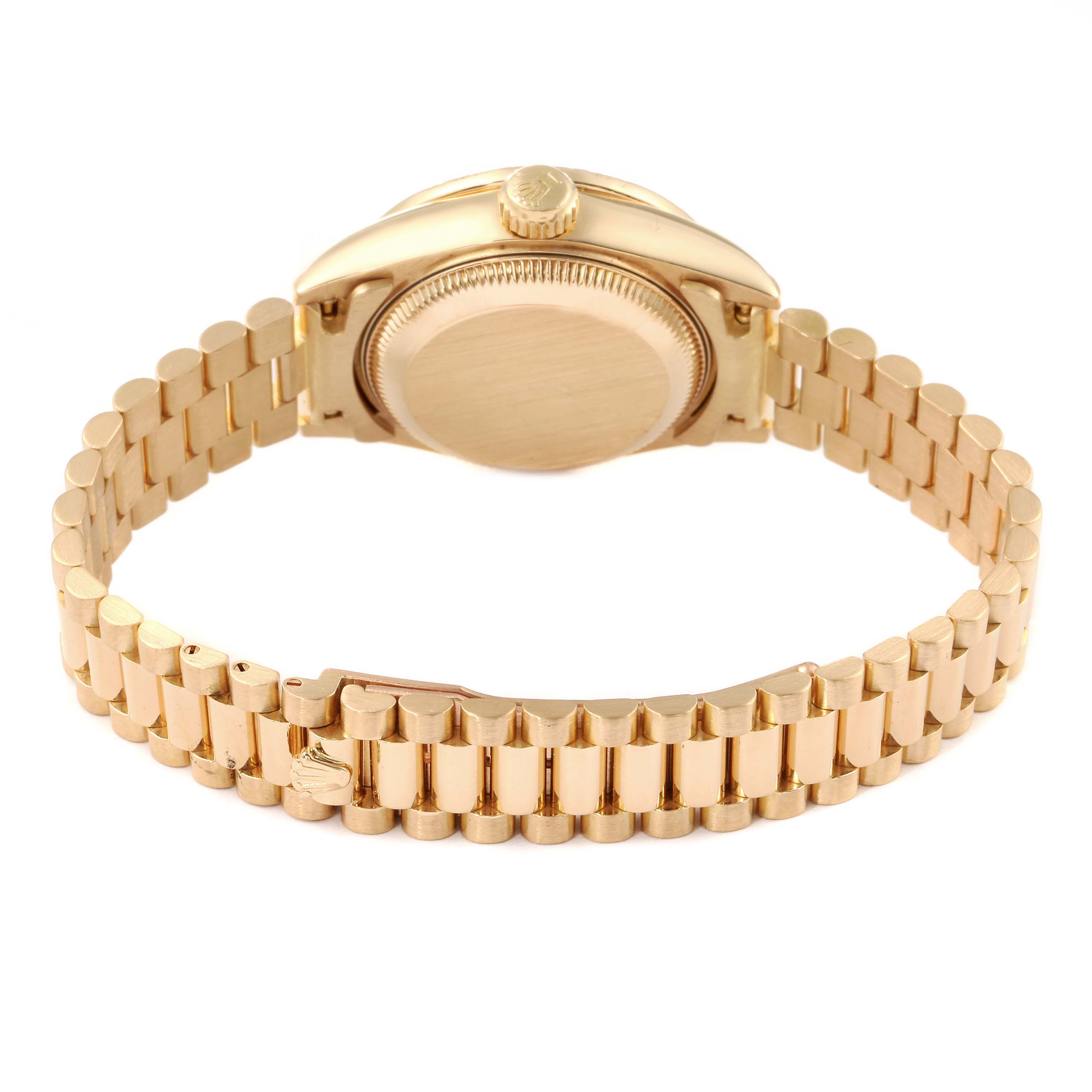 The image shows the back and clasp of a Rolex President 69158 Women
s Yellow Gold Black Dial 69158 Women
s Yellow Gold Black Dial model watch at eye level.
