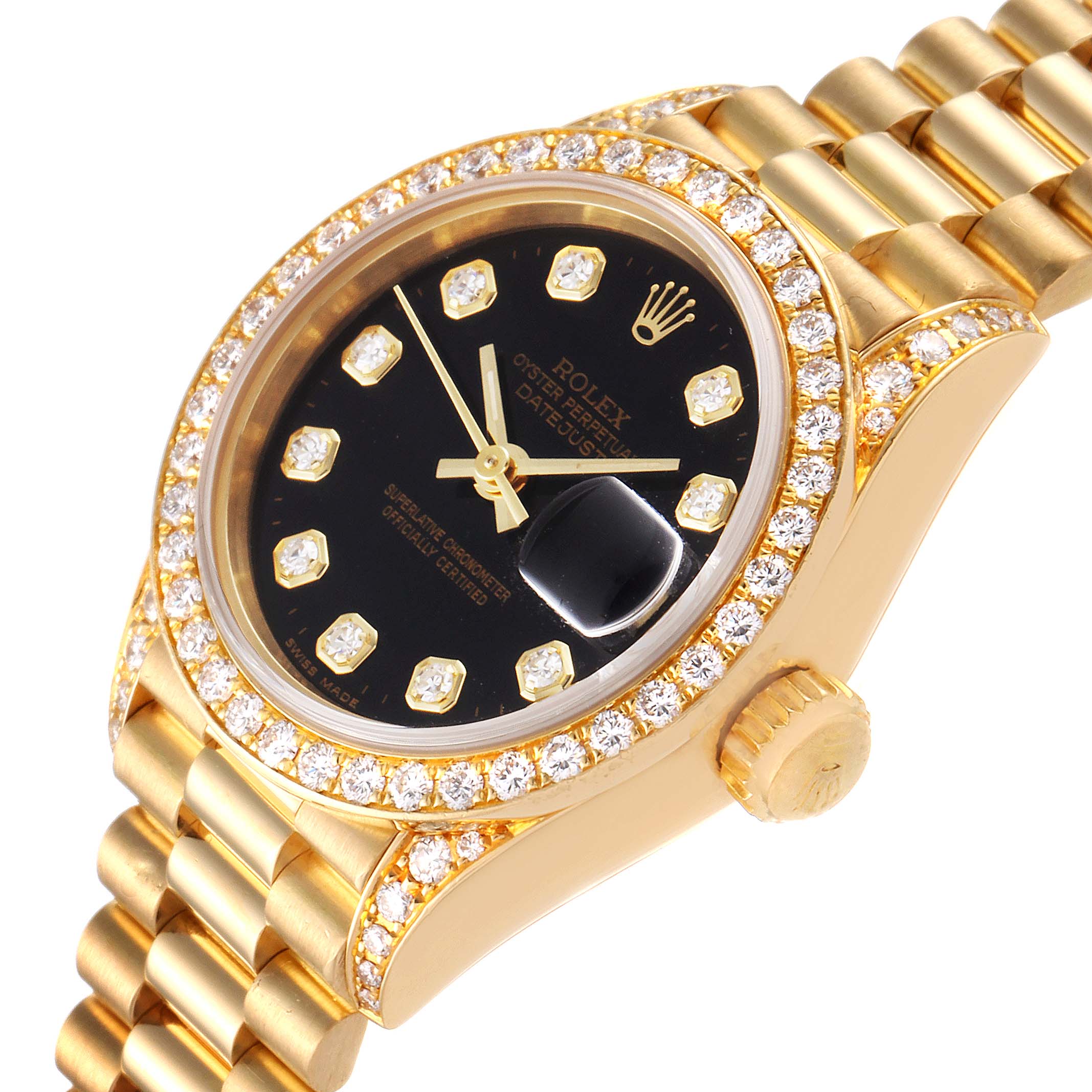 The image shows a close-up, angled view of a Rolex President 69158 Women
s Yellow Gold Black Dial 69158 Women
s Yellow Gold Black Dial model, displaying the dial, bezel, and part of the bracelet.