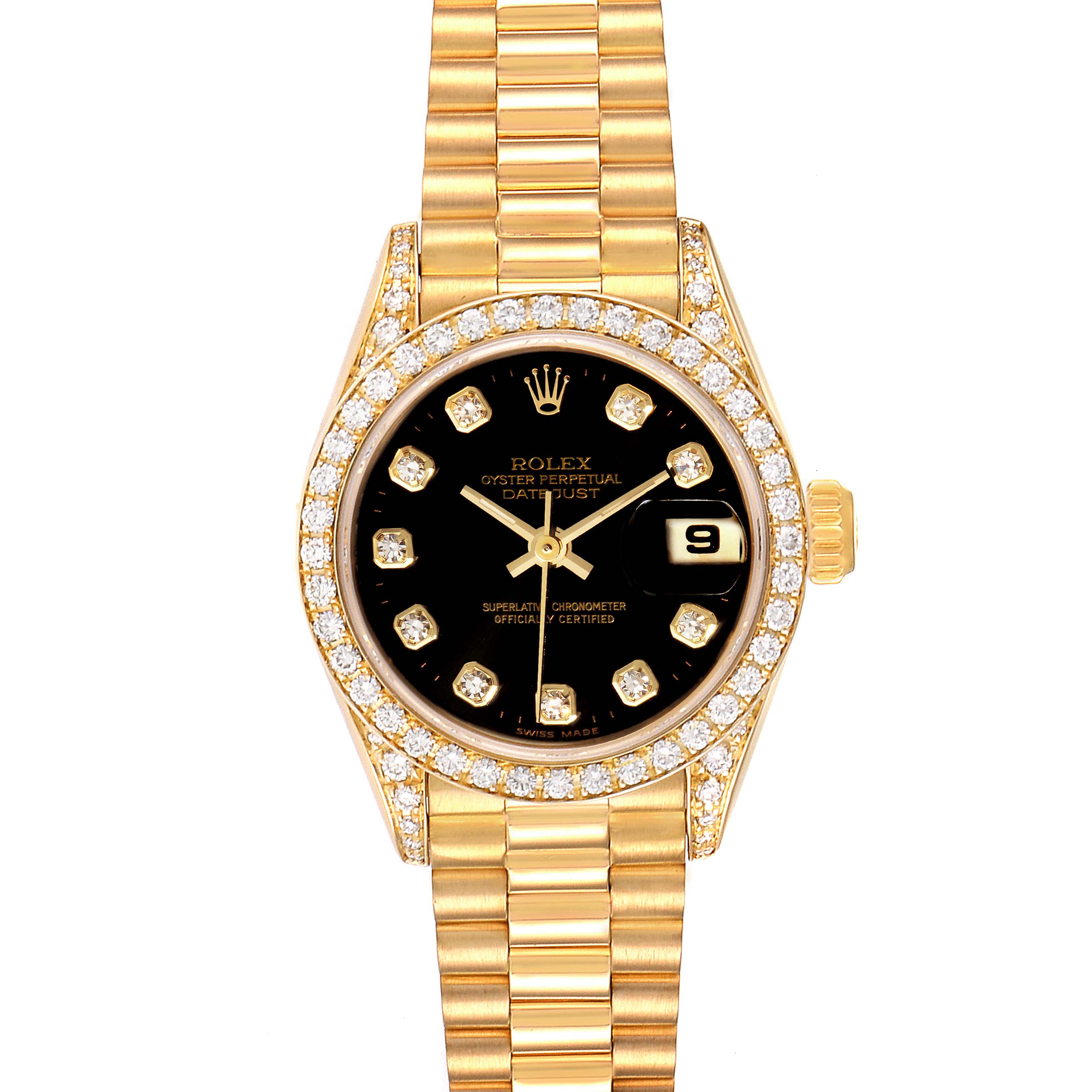 This image shows a frontal view of the Rolex President 69158 Women
s Yellow Gold Black Dial 69158 Women
s Yellow Gold Black Dial model watch, featuring a black dial, diamond markers, and a gold bracelet.