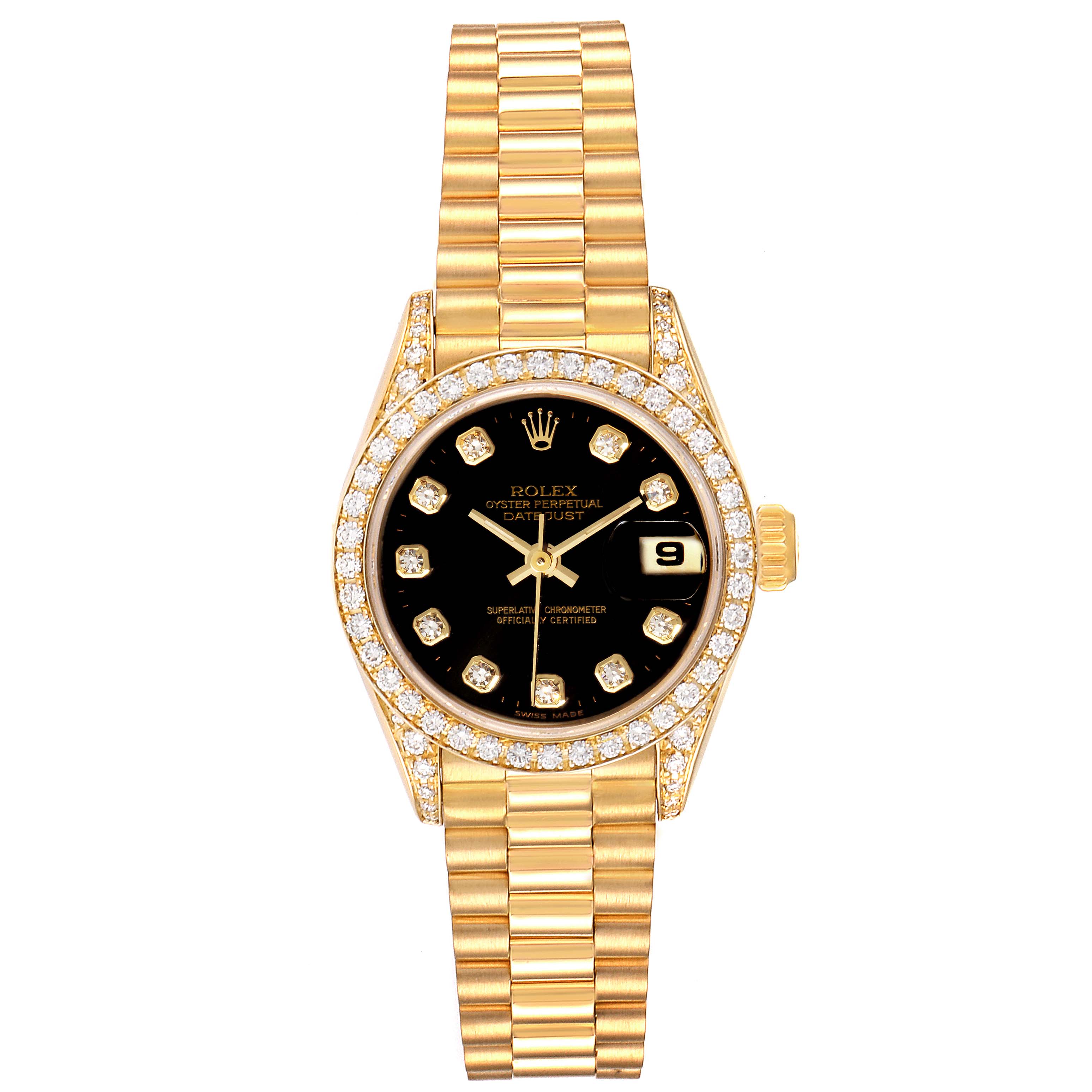The image shows a front view of a Rolex President 69158 Women
s Yellow Gold Black Dial 69158 Women
s Yellow Gold Black Dial model watch with a gold bracelet and a diamond-encrusted bezel.