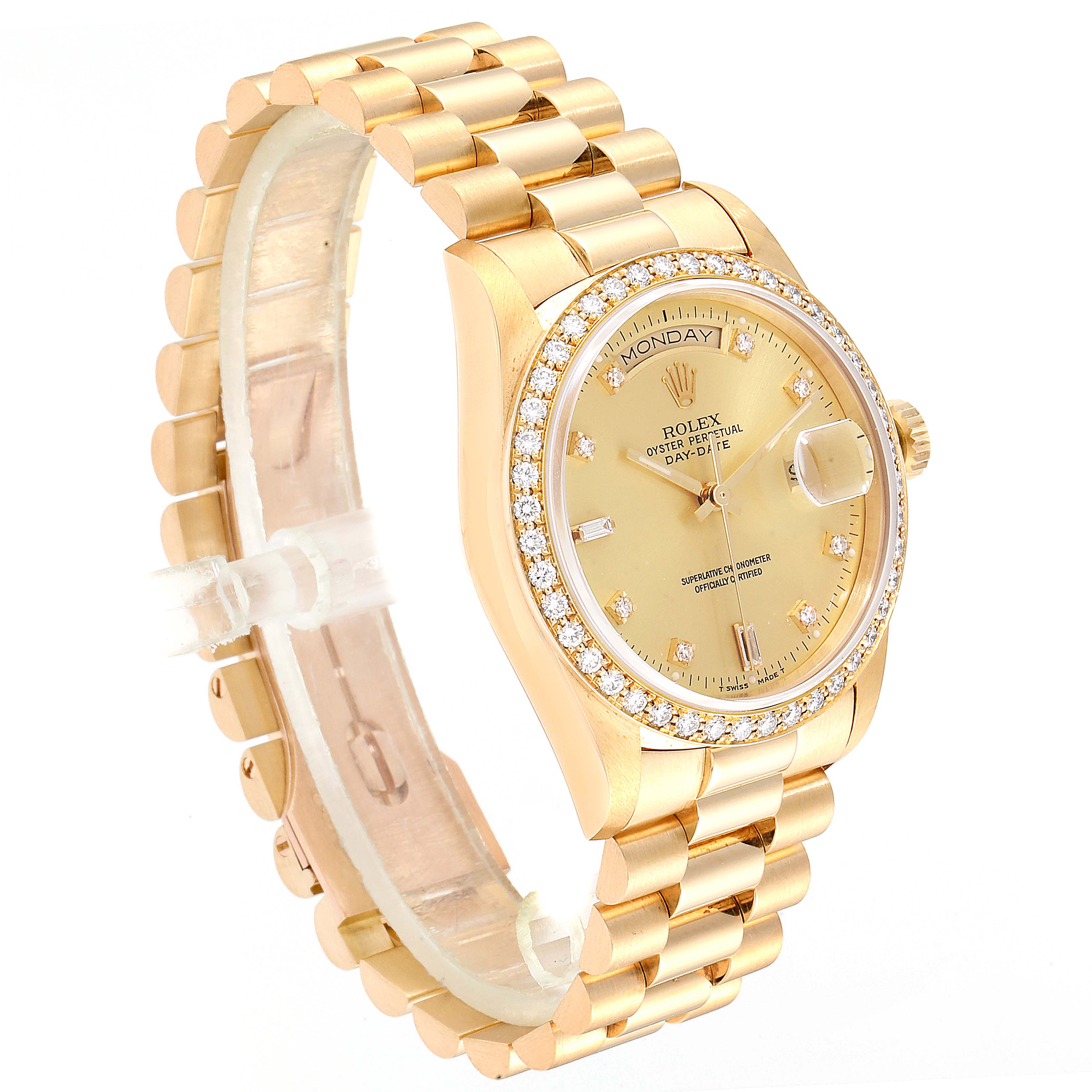 This image shows a side view of a Rolex President 18348 Men
s Yellow Gold Champagne Dial 18348 Men
s Yellow Gold Champagne Dial model, highlighting the band, bezel, and dial.