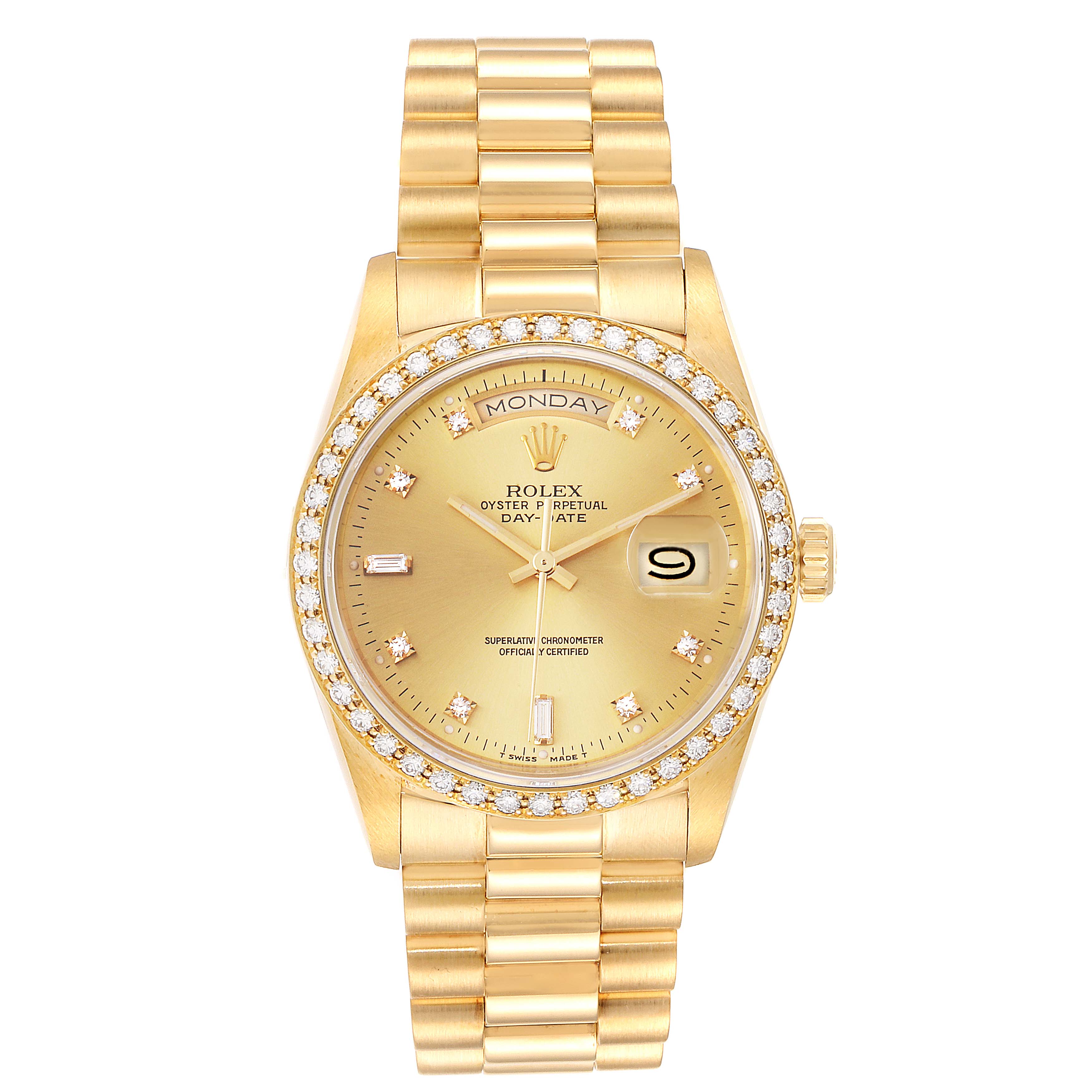 The image shows a Rolex President 18348 Men
s Yellow Gold Champagne Dial 18348 Men
s Yellow Gold Champagne Dial model watch with a gold bracelet, diamond bezel, and gold dial displaying the day and date.