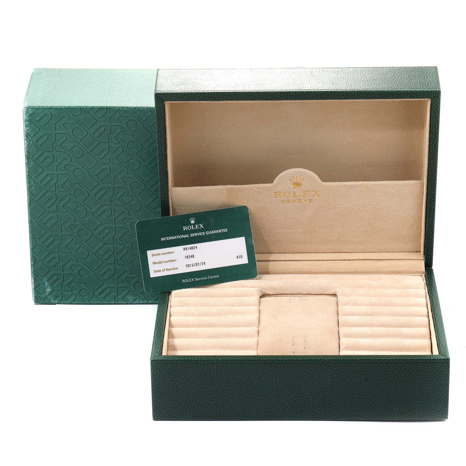 The image shows an open Rolex President 18348 Men
s Yellow Gold Champagne Dial 18348 Men
s Yellow Gold Champagne Dial model watch box with an international service guarantee card inside.