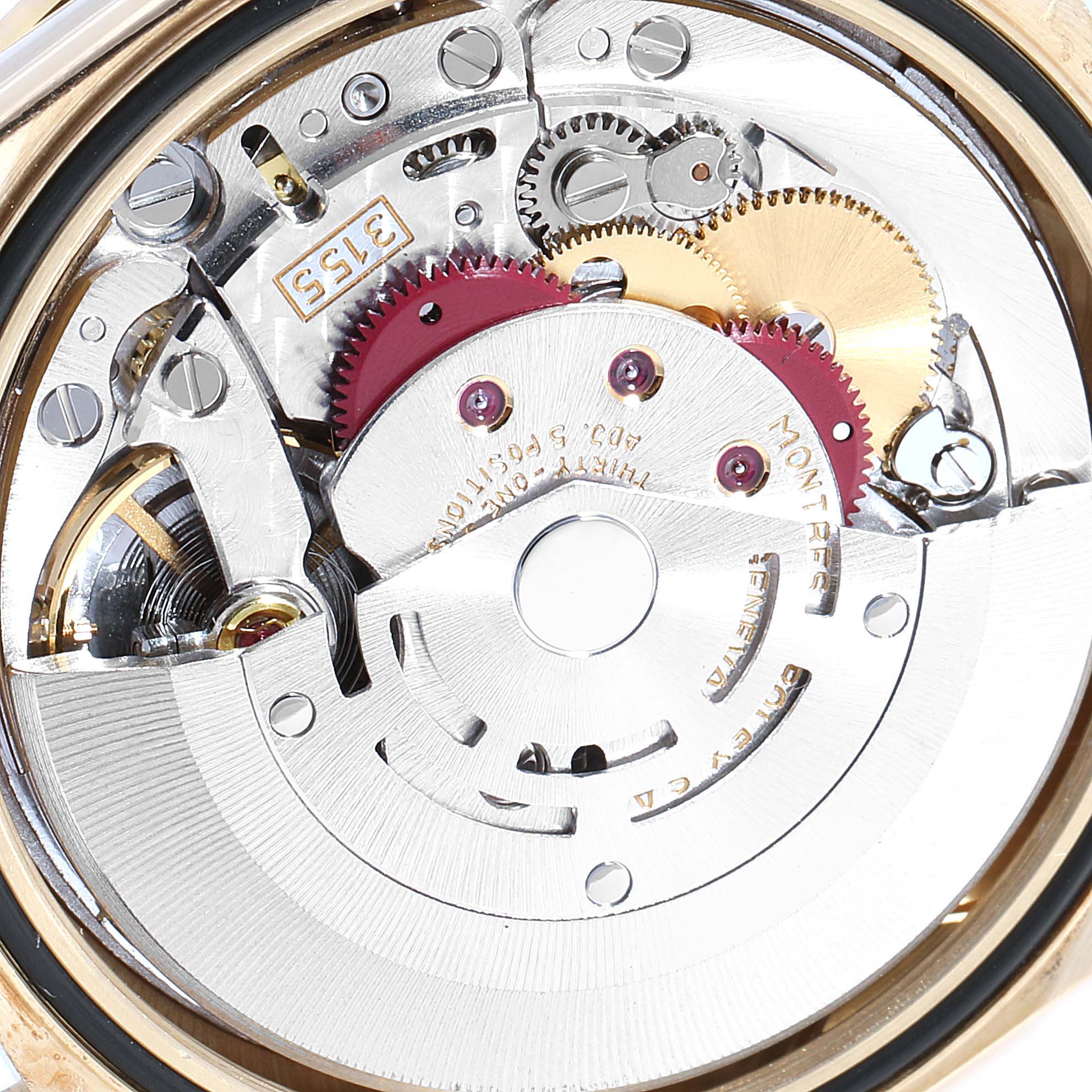 The image shows the internal mechanical movement of a Rolex President 18348 Men
s Yellow Gold Champagne Dial 18348 Men
s Yellow Gold Champagne Dial model, highlighting gears and components.