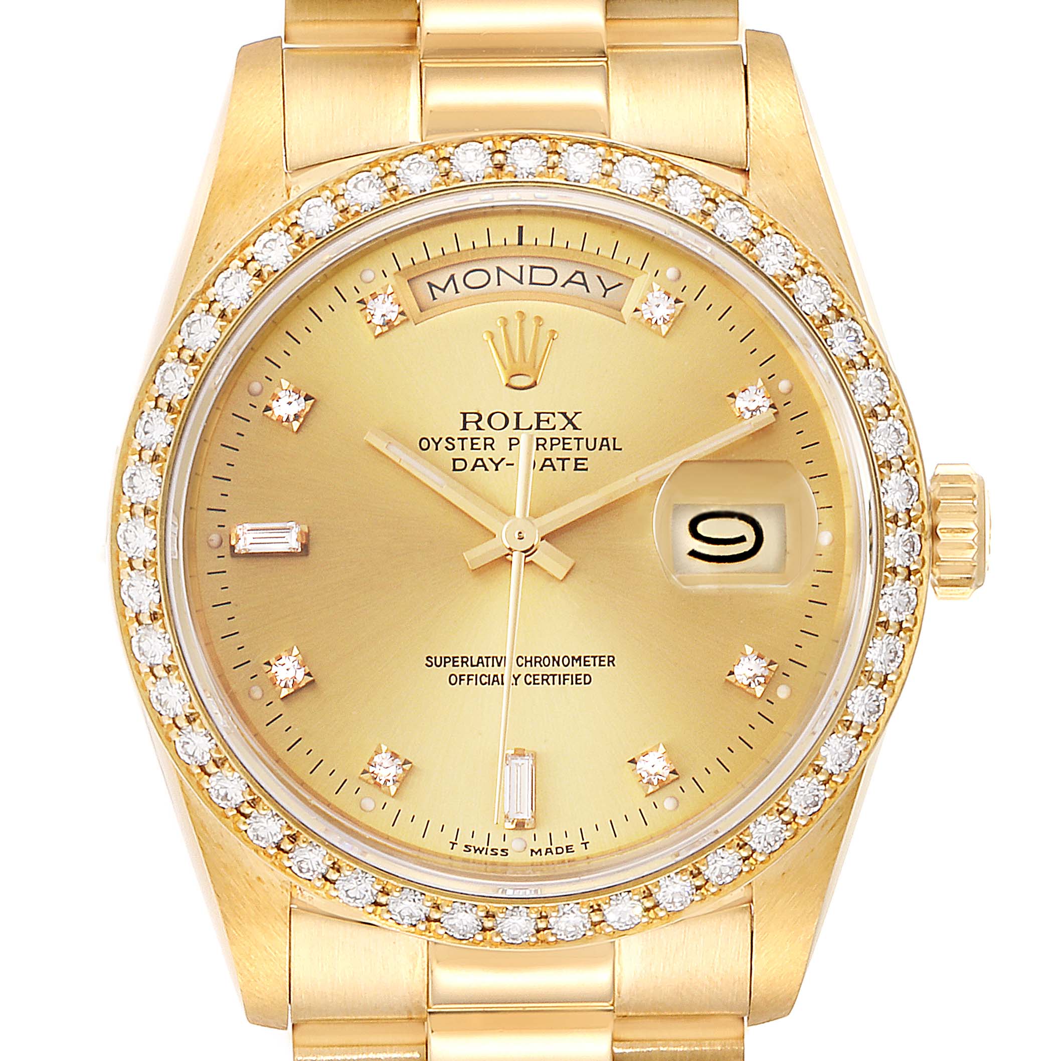 The image shows a frontal view of a Rolex President 18348 Men
s Yellow Gold Champagne Dial 18348 Men
s Yellow Gold Champagne Dial model watch, highlighting its face, bezel, and part of the bracelet.