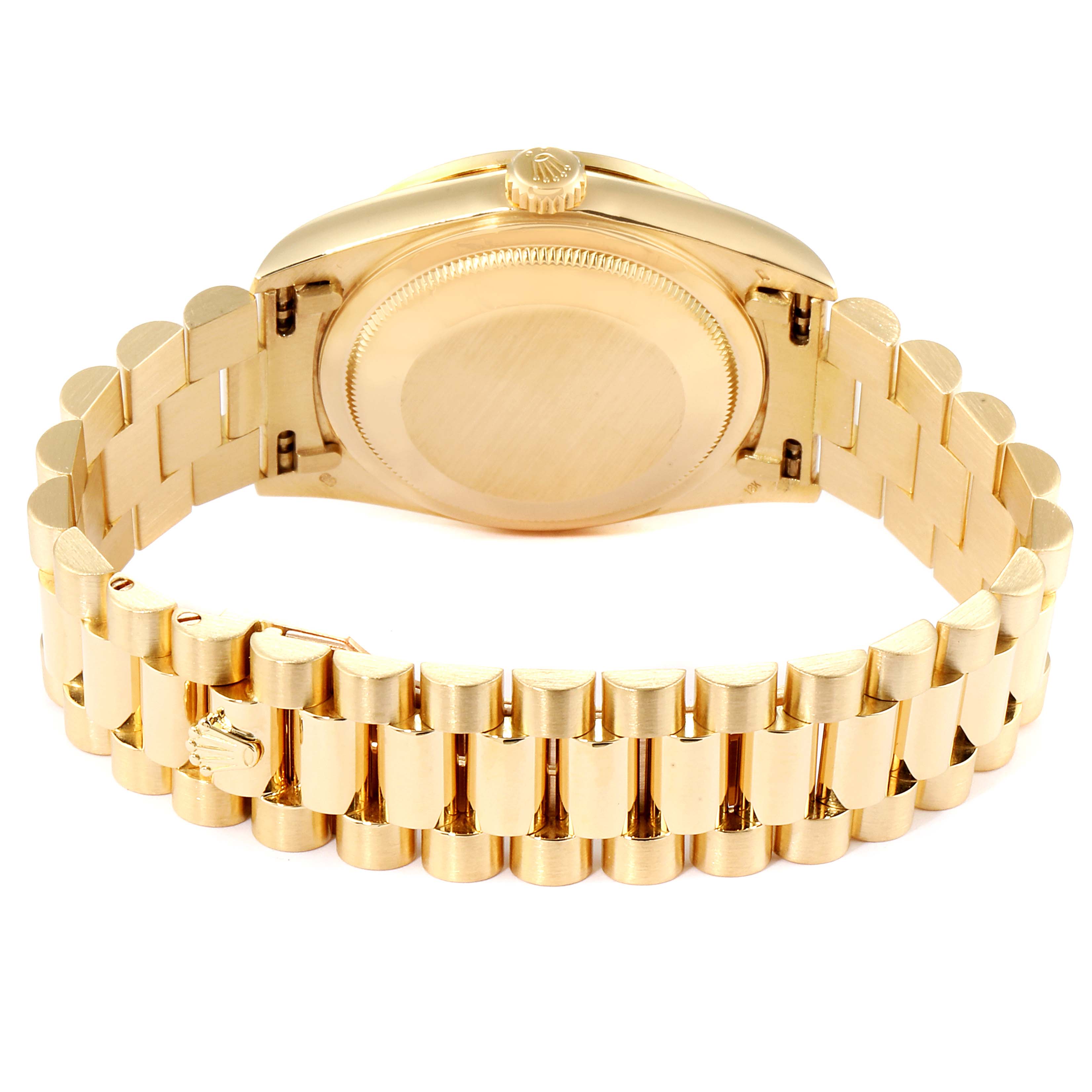 The image shows the back view of the Rolex President 18348 Men
s Yellow Gold Champagne Dial 18348 Men
s Yellow Gold Champagne Dial model watch, highlighting its case and bracelet.