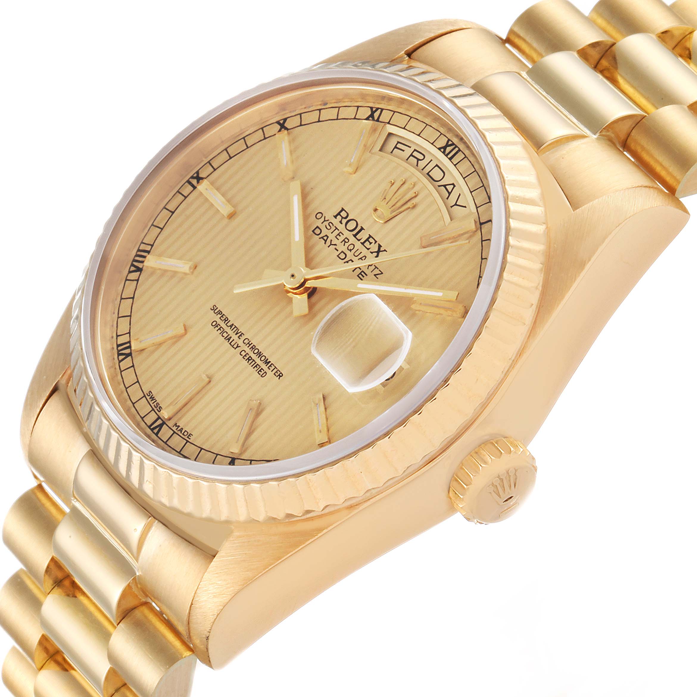 The image shows a close-up view of the Rolex President 18038 Men
s Yellow Gold Champagne Dial 18038 Men
s Yellow Gold Champagne Dial model watch from an angled perspective, highlighting the dial, day-date display, and part of the bracelet.