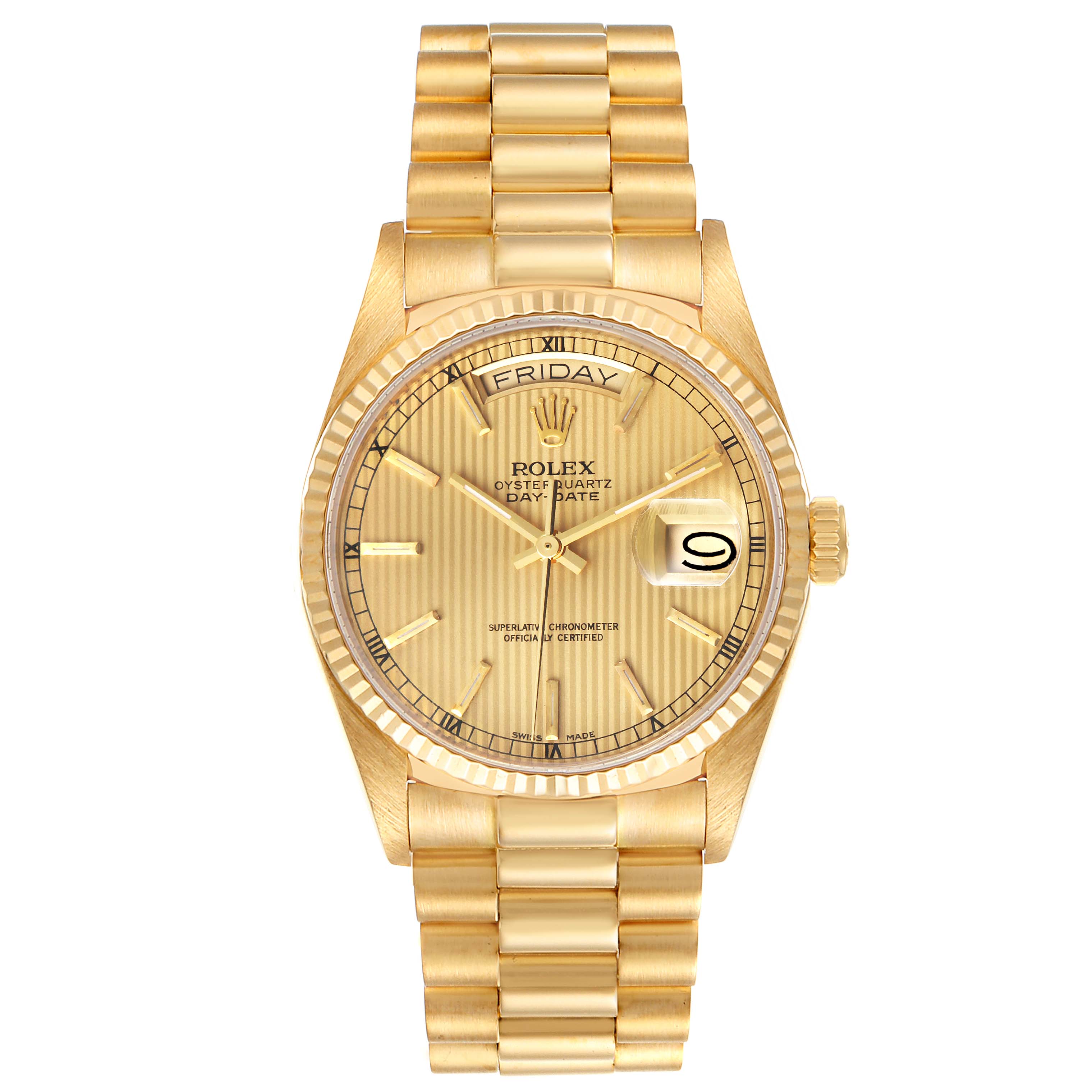 The image shows a Rolex President 18038 Men
s Yellow Gold Champagne Dial 18038 Men
s Yellow Gold Champagne Dial model watch from a front angle, displaying its gold bracelet, dial, day, and date features.