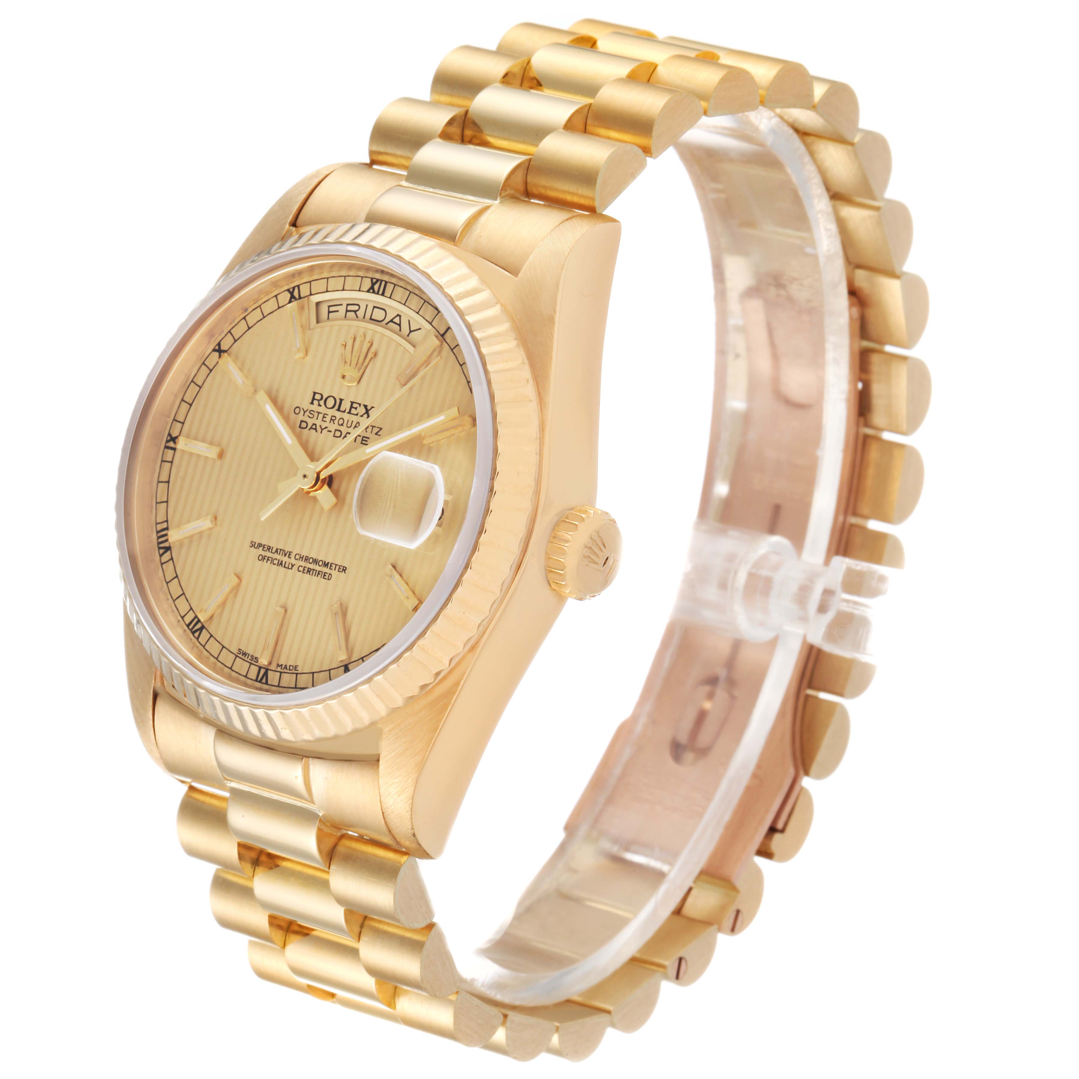 The image shows a Rolex President 18038 Men
s Yellow Gold Champagne Dial 18038 Men
s Yellow Gold Champagne Dial model watch from a 3/4 angle, detailing the face, bezel, and bracelet.