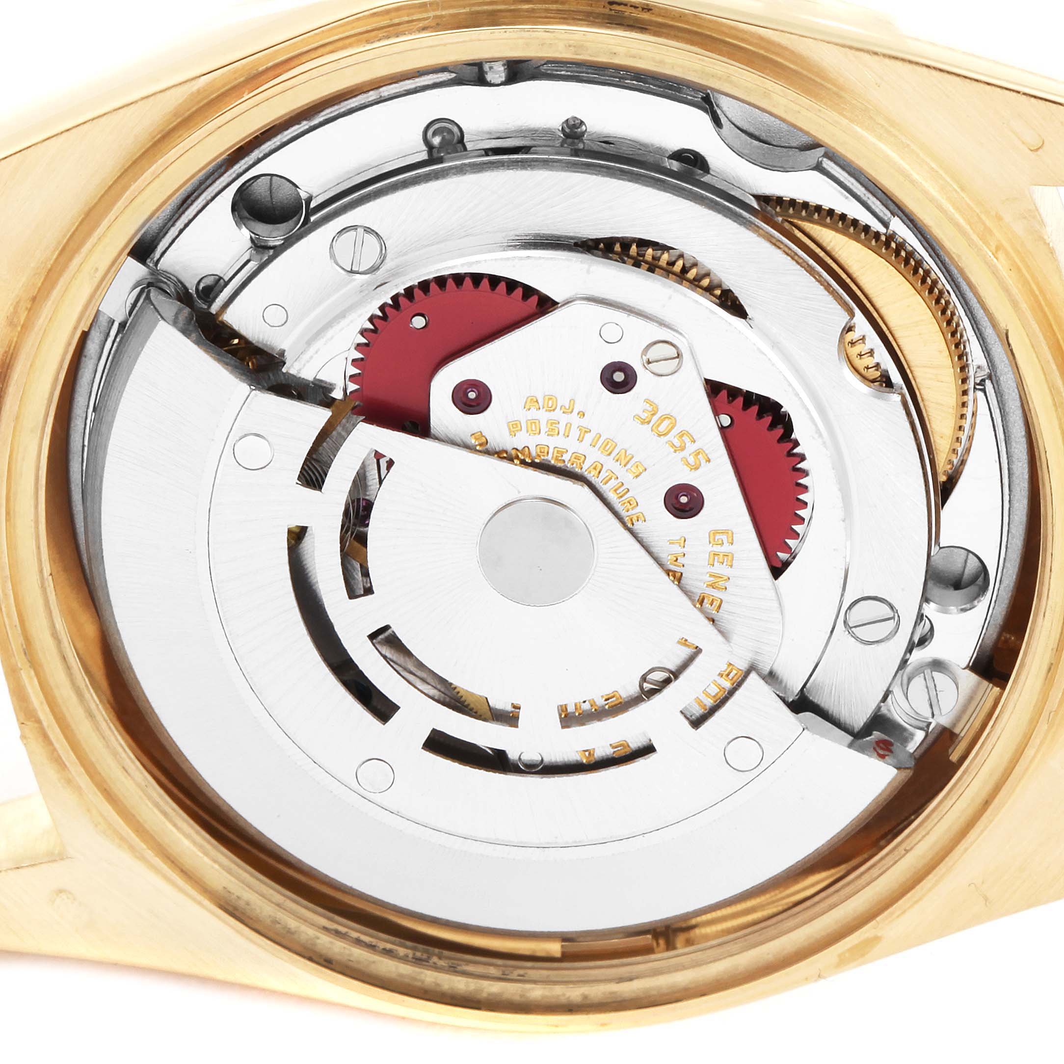 This image shows the Rolex President 18038 Men
s Yellow Gold Champagne Dial 18038 Men
s Yellow Gold Champagne Dial model watch from the back angle, revealing the intricate inner movement and mechanisms.