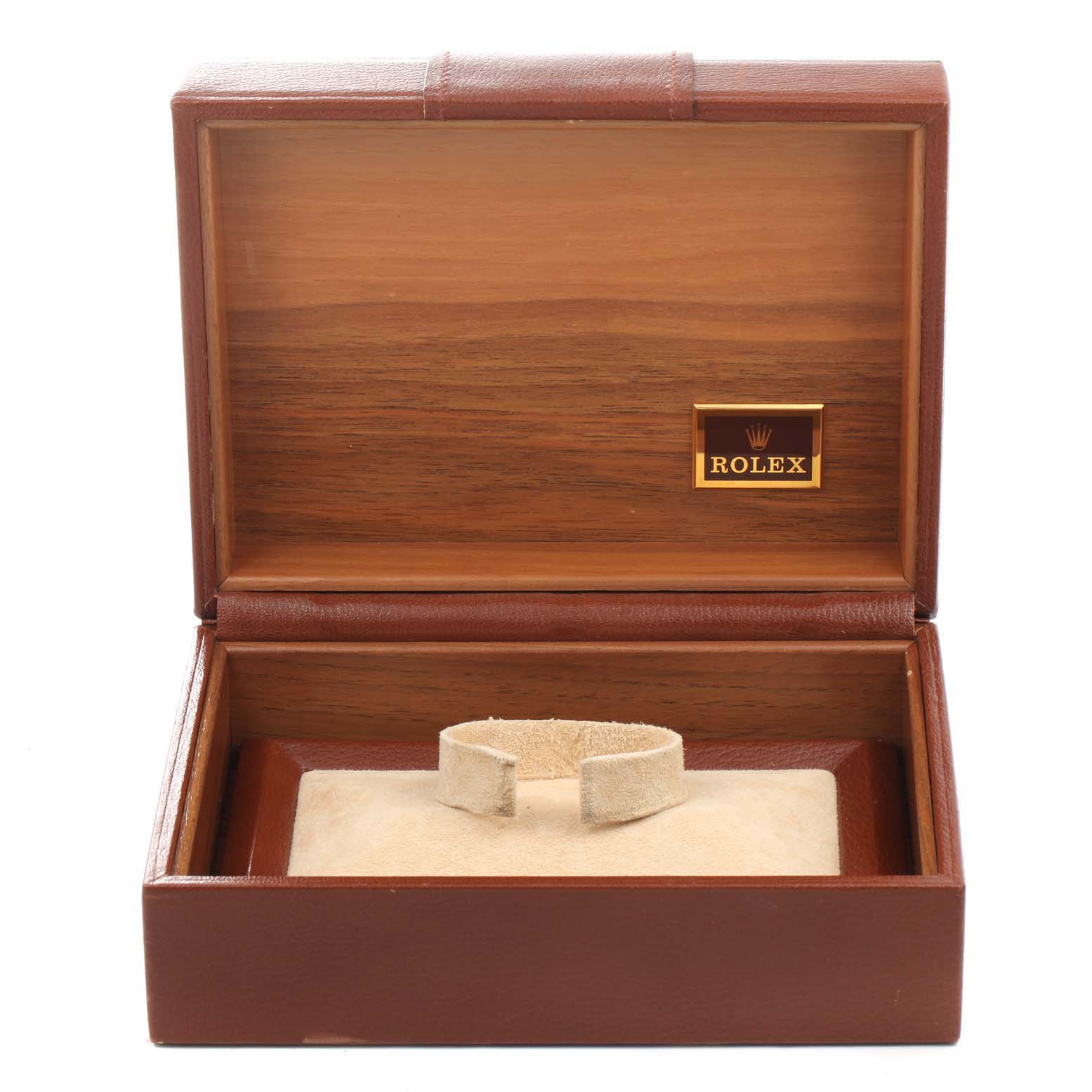 This image shows an open Rolex President 18038 Men
s Yellow Gold Champagne Dial 18038 Men
s Yellow Gold Champagne Dial watch box, with a display cushion inside.