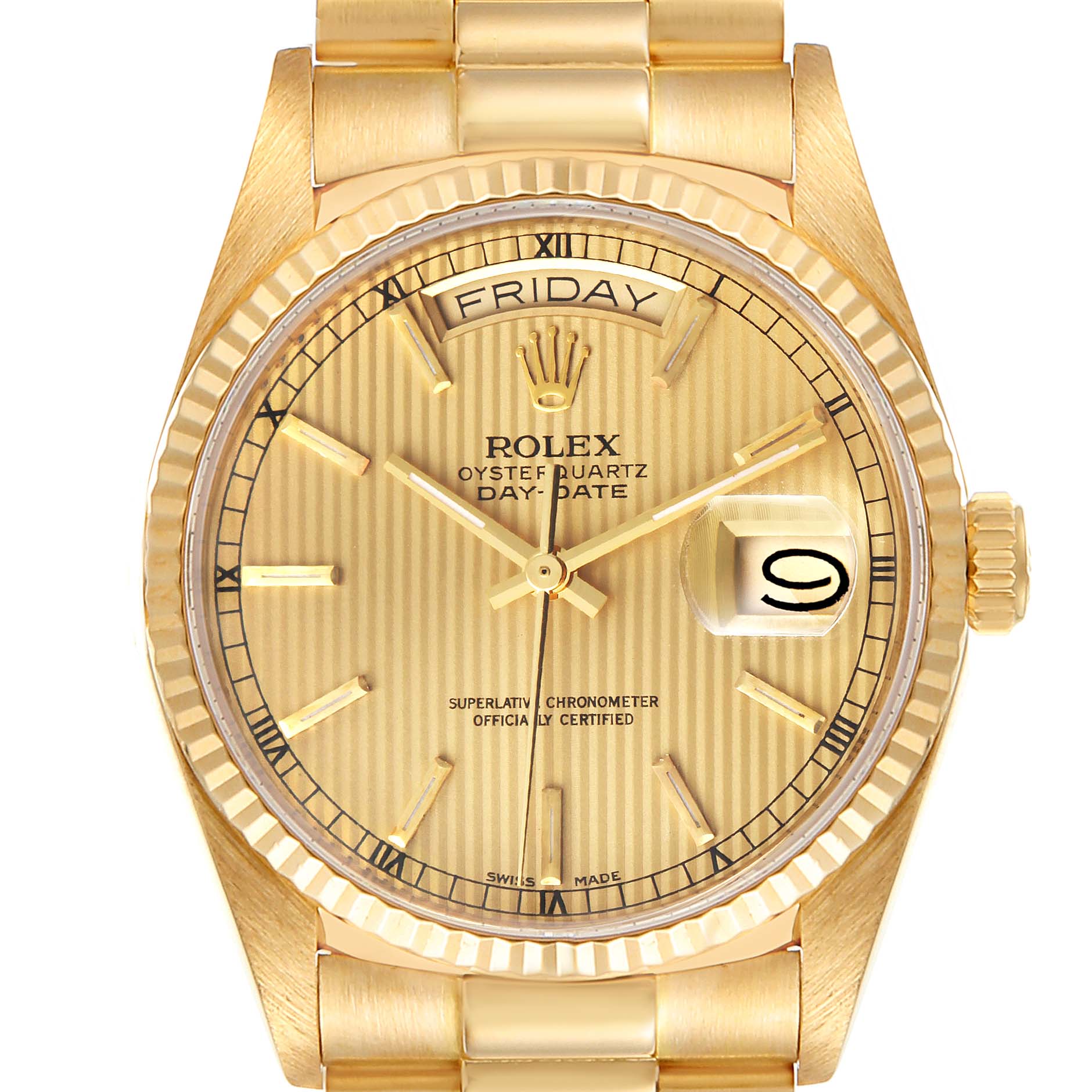 The image shows a front view of the Rolex President 18038 Men
s Yellow Gold Champagne Dial 18038 Men
s Yellow Gold Champagne Dial model watch, highlighting its dial, bezel, bracelet, and crown.