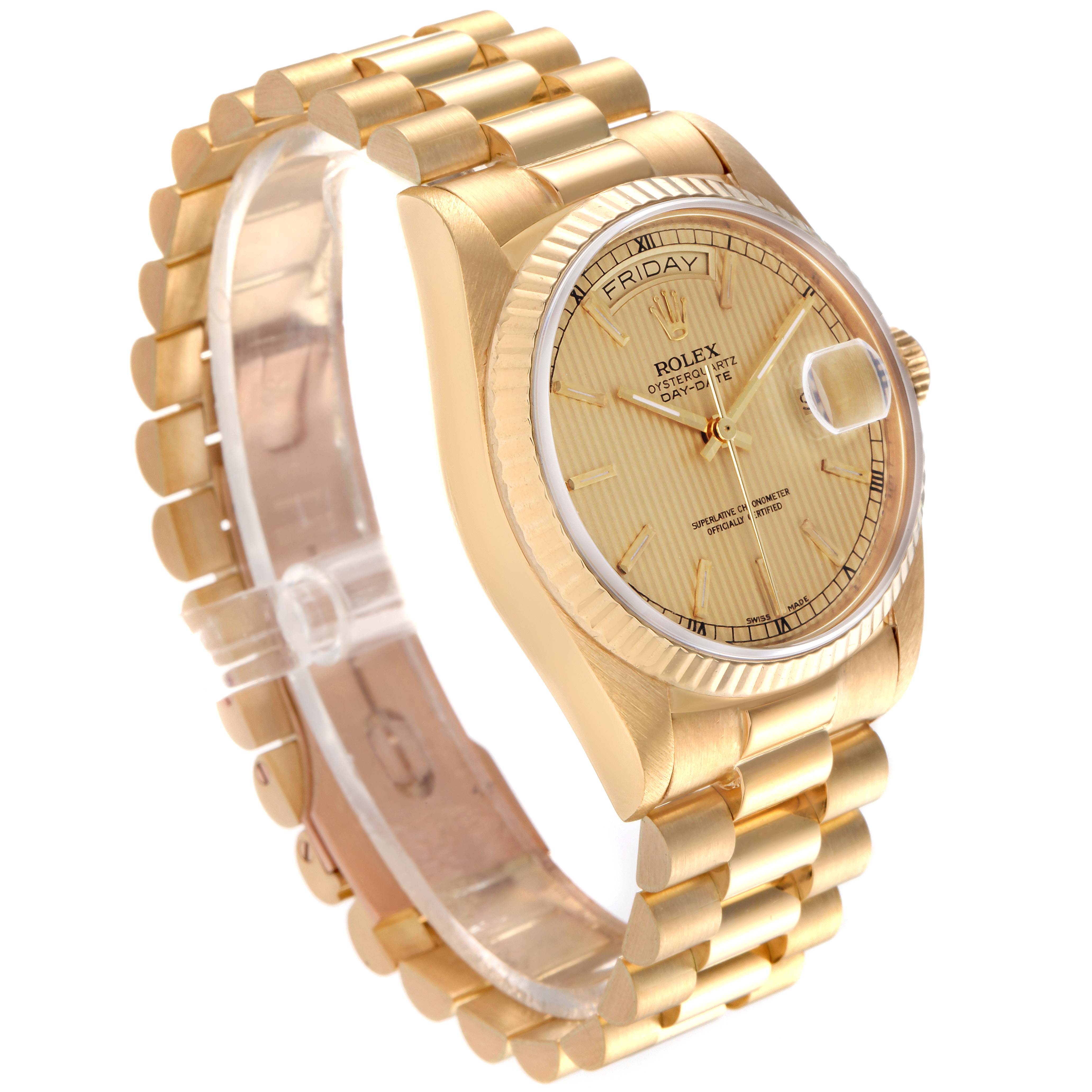 The image shows a side view of the Rolex President 18038 Men
s Yellow Gold Champagne Dial 18038 Men
s Yellow Gold Champagne Dial model watch, highlighting its gold bracelet and dial.