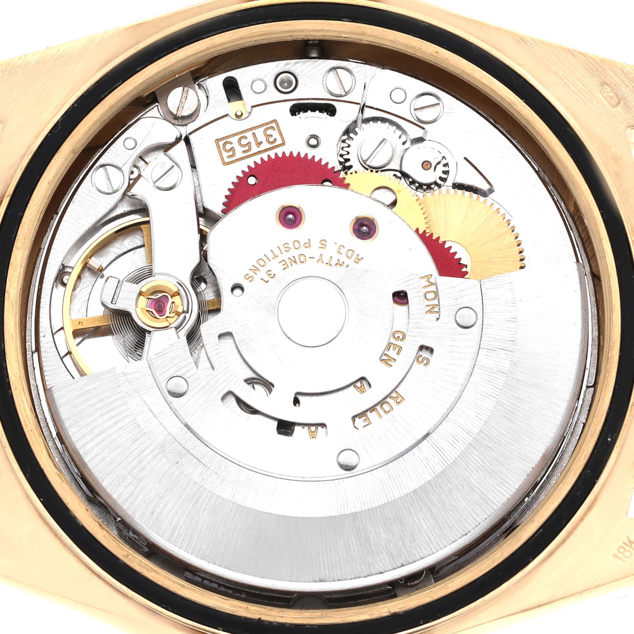 This image shows the internal mechanical movement of a Rolex President 18238 Men
s Yellow Gold Champagne Dial 18238 Men
s Yellow Gold Champagne Dial model watch, viewed from the back.