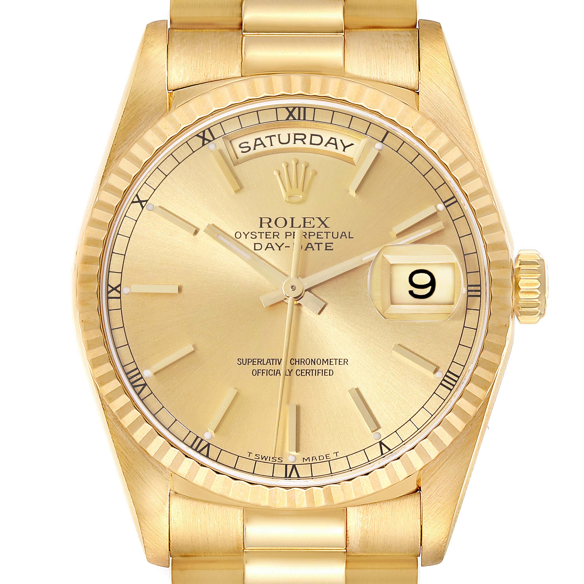 This image shows a front view of the Rolex President 18238 Men
s Yellow Gold Champagne Dial 18238 Men
s Yellow Gold Champagne Dial model watch, featuring its dial, bezel, crown, and part of the bracelet.
