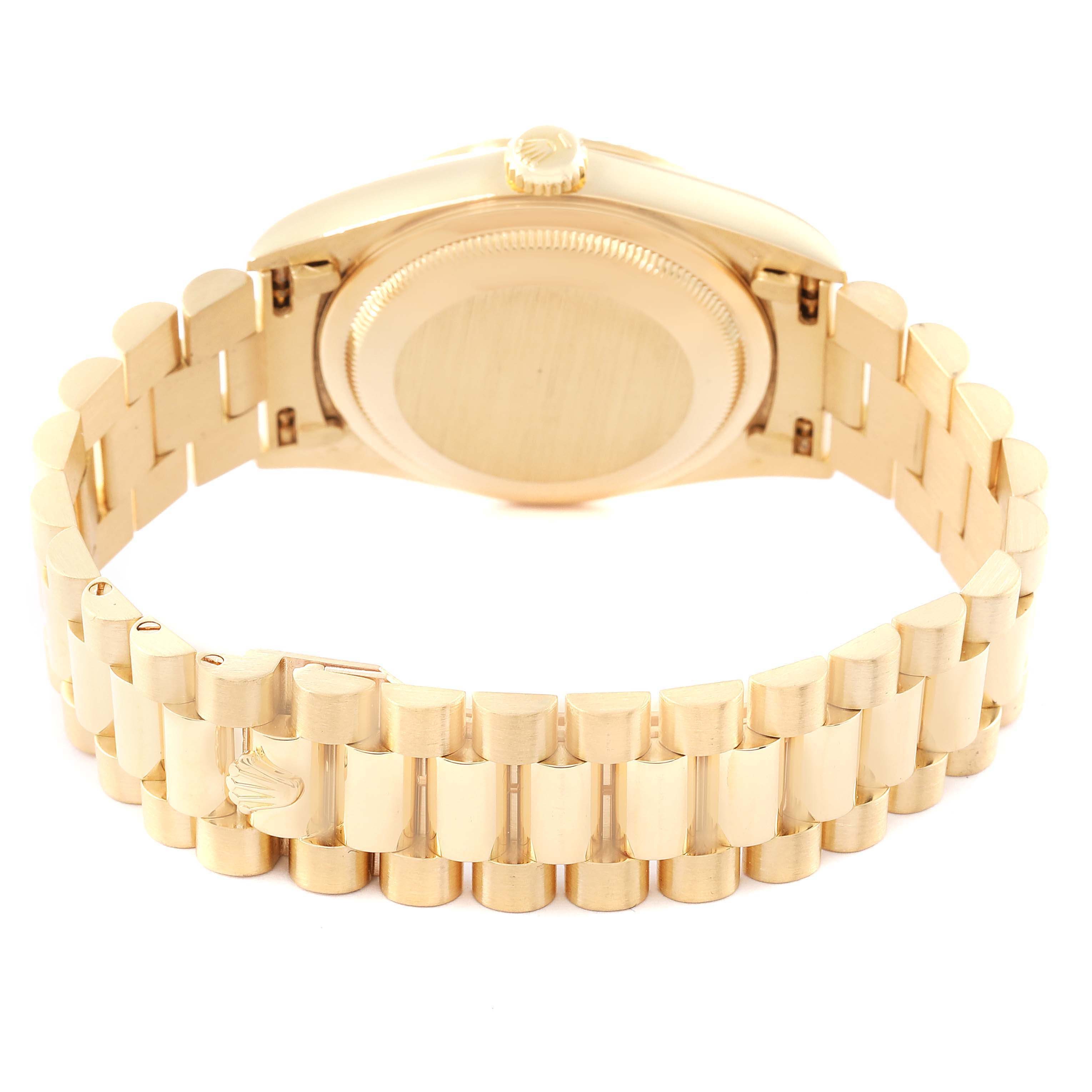 This image shows the back view of a Rolex President 18238 Men
s Yellow Gold Champagne Dial 18238 Men
s Yellow Gold Champagne Dial model watch, focusing on the case back and bracelet.