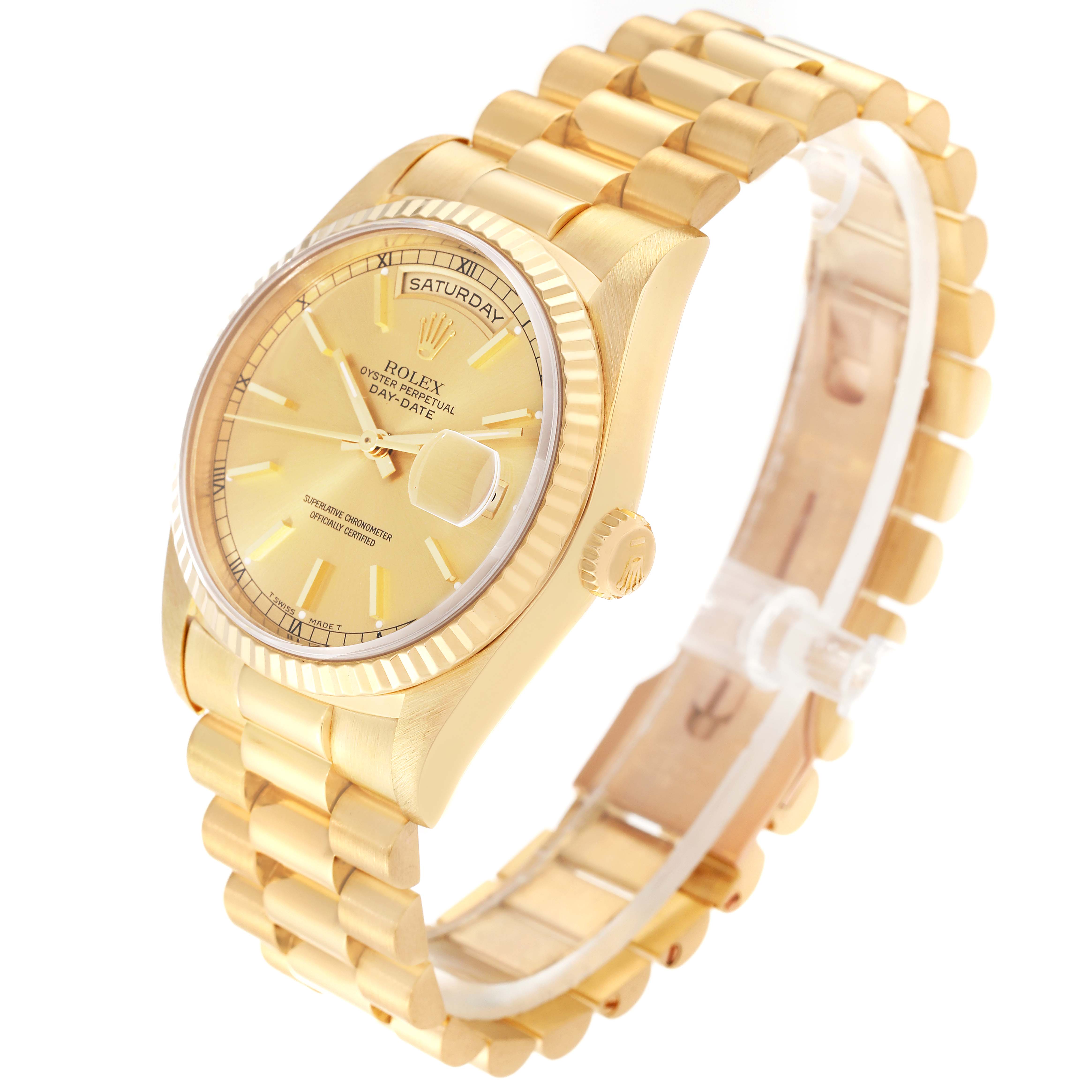 The image shows a Rolex President 18238 Men
s Yellow Gold Champagne Dial 18238 Men
s Yellow Gold Champagne Dial model watch angled to display its face, dial, bezel, and bracelet.