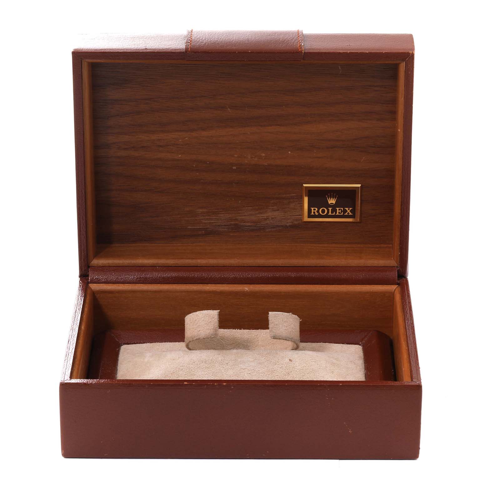 The image shows an open Rolex watch box for the President model, featuring the inner wooden lining and the watch holder.