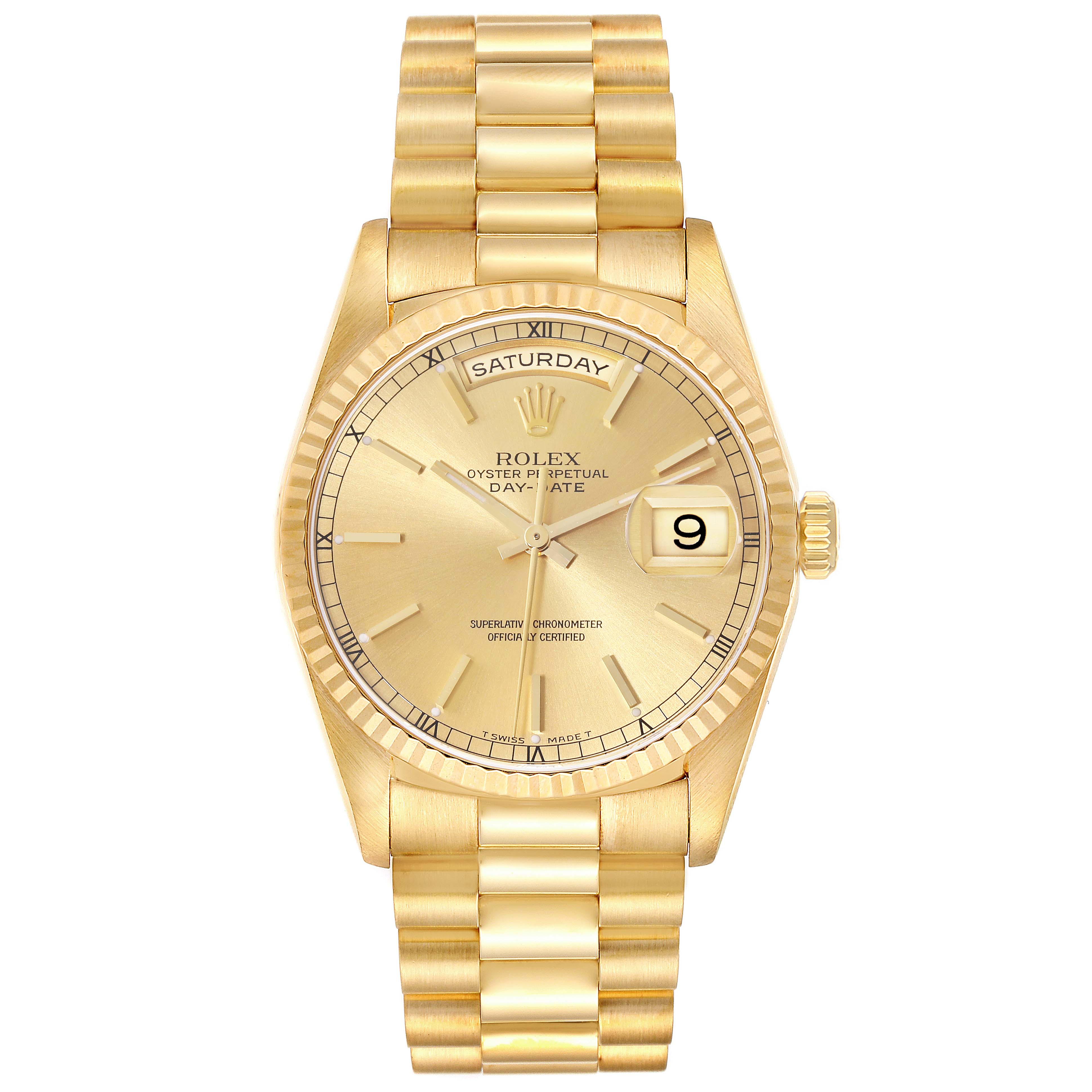 The Rolex President 18238 Men
s Yellow Gold Champagne Dial 18238 Men
s Yellow Gold Champagne Dial model watch is photographed head-on, showing its gold bracelet, face, crown, and day/date display.