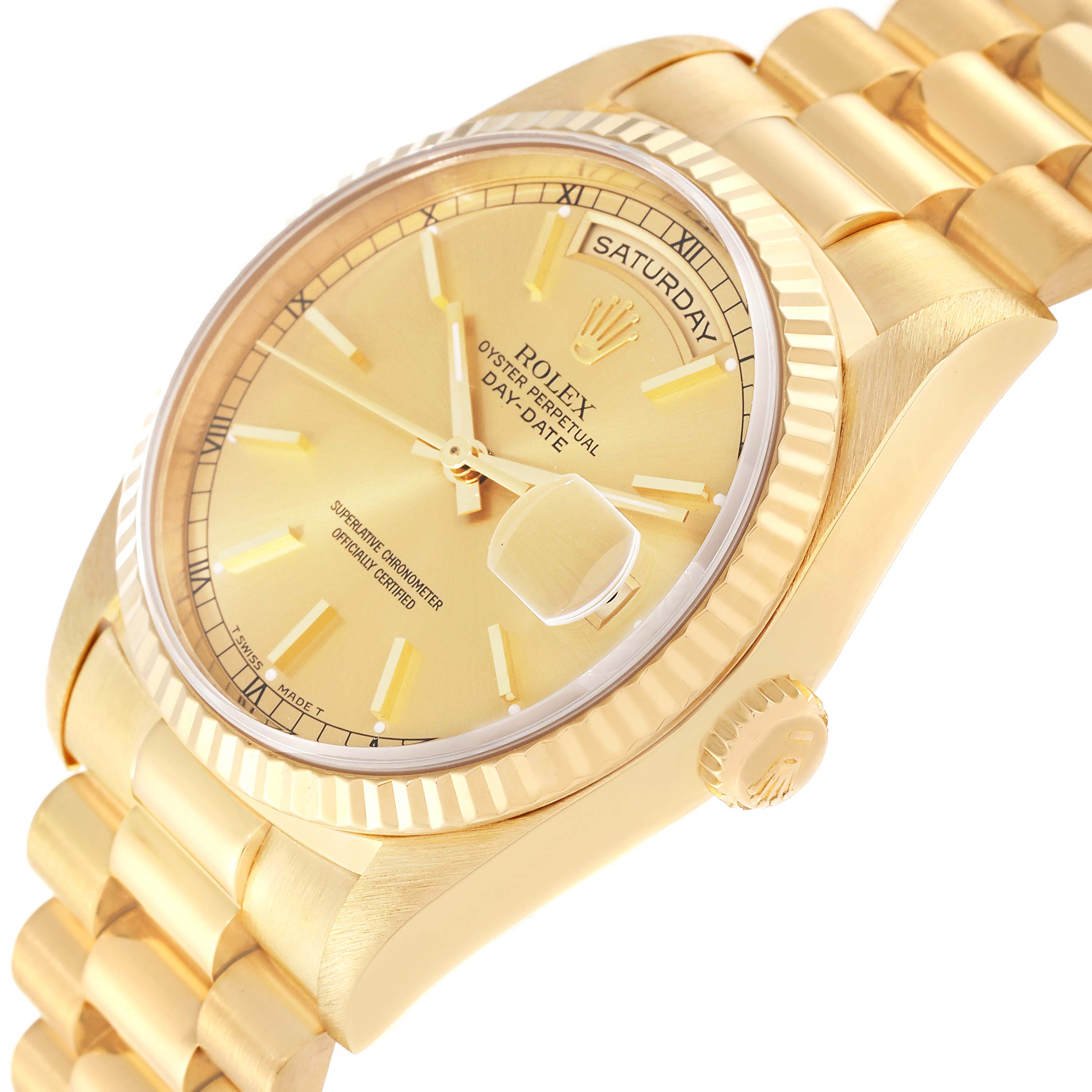 The image shows a close-up angle of the Rolex President 18238 Men
s Yellow Gold Champagne Dial 18238 Men
s Yellow Gold Champagne Dial model, highlighting its gold bezel, dial, bracelet, and crown.