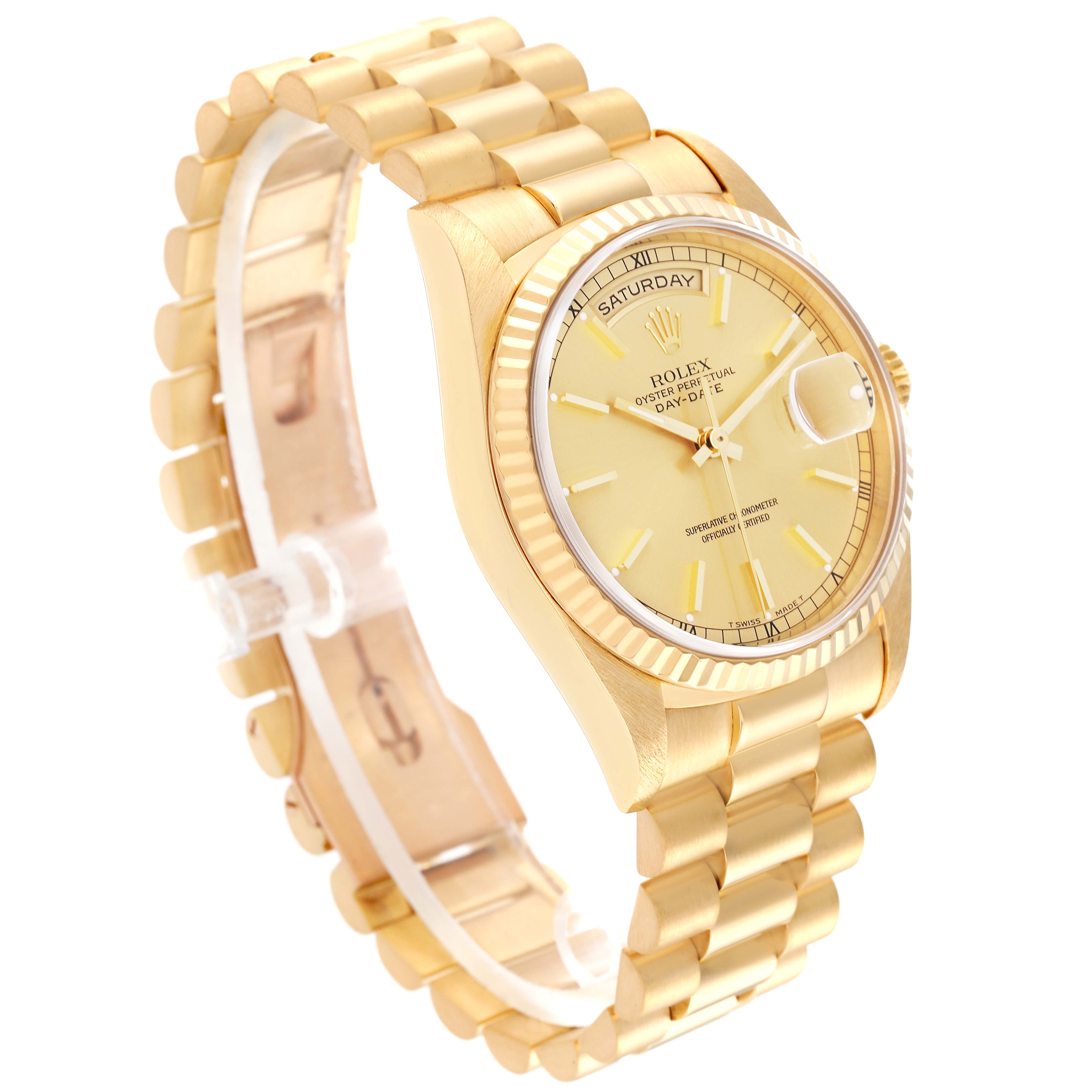 The image shows a Rolex President 18238 Men
s Yellow Gold Champagne Dial 18238 Men
s Yellow Gold Champagne Dial model watch at a three-quarter angle, highlighting the gold bracelet, dial, and fluted bezel.